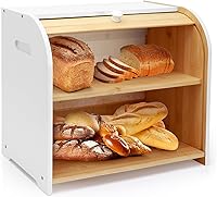 Vista 9 de Panera para Encimera de Cocina, Contenedor de Almacenamiento de Pan de Bambú de Doble Capa para Pan Casero, Panera con Tapa Enrollable con 3 Alturas