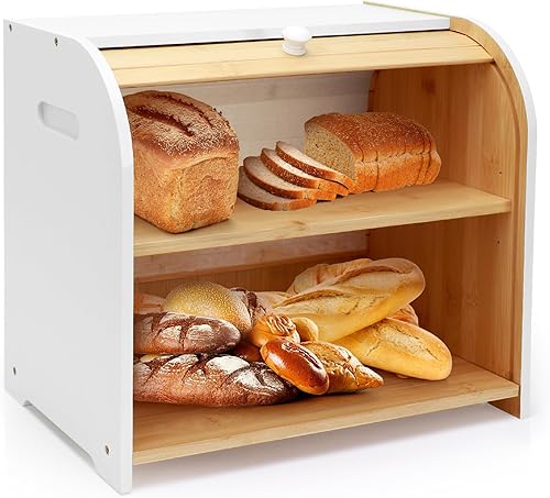 Panera para encimera de cocina, contenedor de almacenamiento de pan de bambú de doble capa para pan casero, caja de pan enrollable con 3 alturas