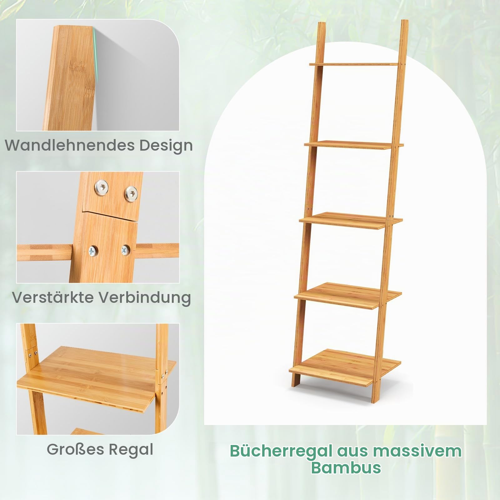 GIANTEX Leiterregal Bambus, Standregal Bücherregal 5 Ebenen | Wandlehnregal Treppenregal Pflanzenregal für Wohnzimmer Bad Küche, 43 x 35 x 165 cm, Natur