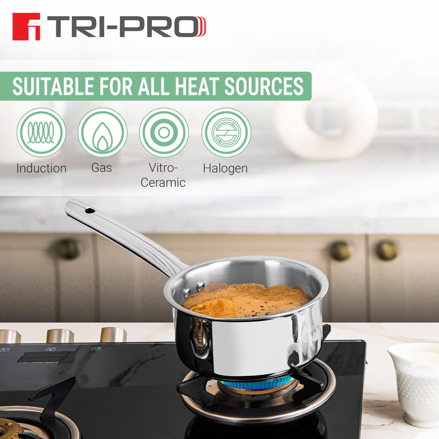 Bergner Tripro TriPly Edelstahl-Kochgeschirr-Set, 3-teilig, 24 cm (3 l), indischer Wok/Kadai mit Deckel, 16 cm (1,7 l), Teekanne, Induktionsboden und Gasherd bereit