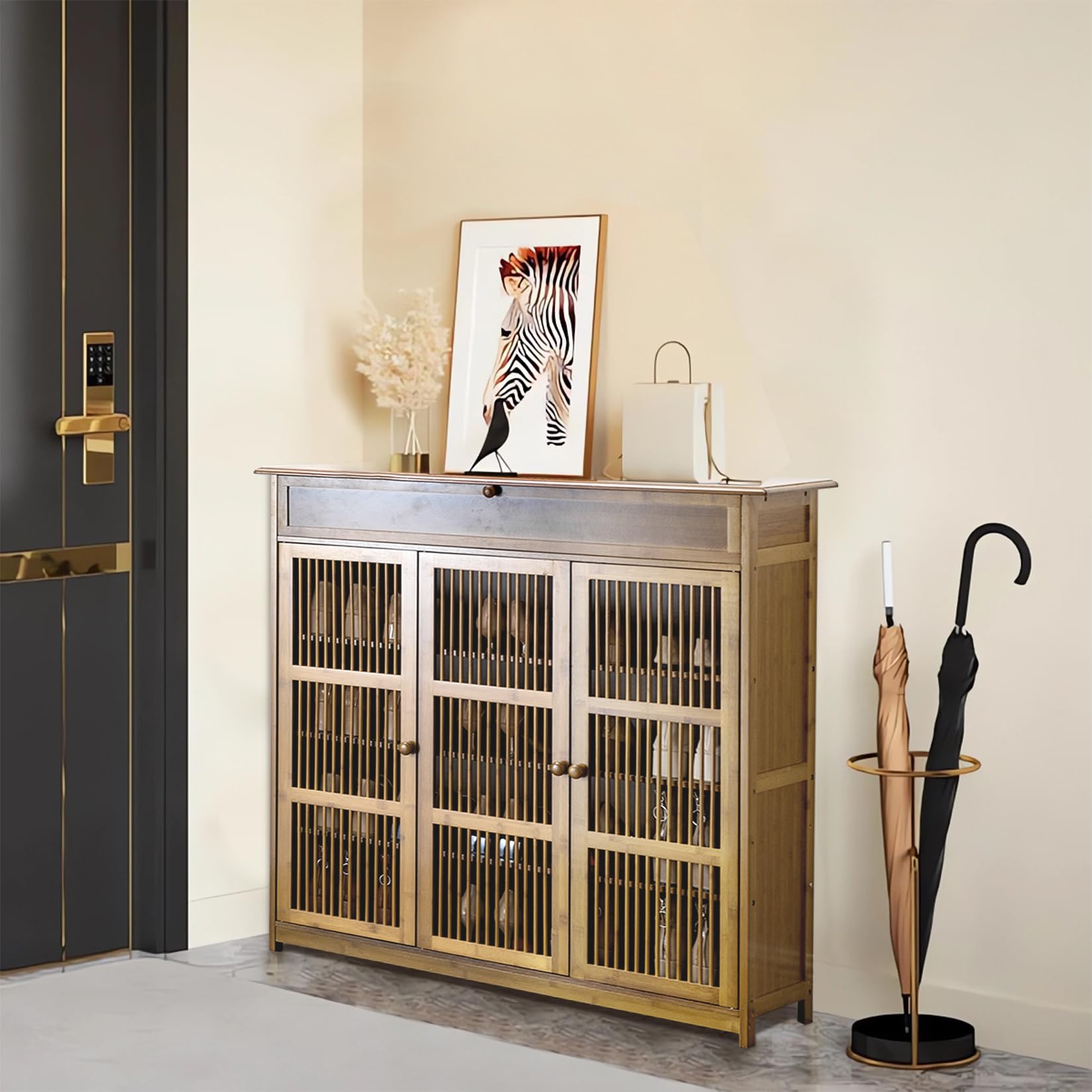 unho Zapatero de Bambú para Pasillo: Zapatero con Estantes y Cajón de Diseño Oriental Mueble Madera para Entrada Recibidor