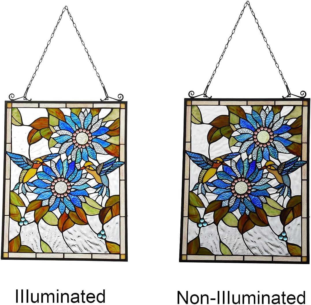 Capulina Stained Glass Panels Window Hangings Sunflower and Birds Tiffany Style Traditional Art Handcrafts for Home Decor and Gifts