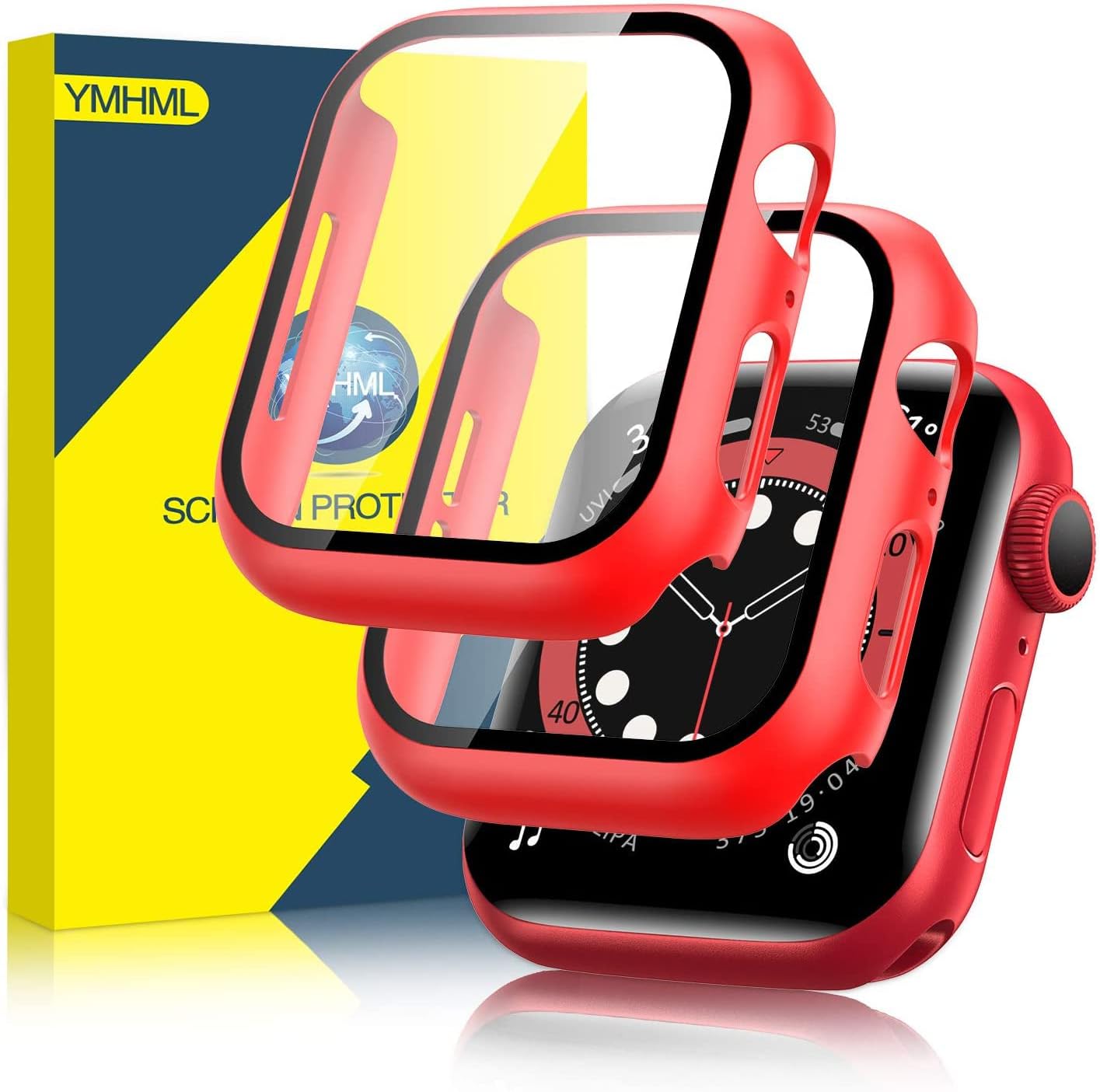 [2 Pack] YMHML Hard Case Compatible with Apple Watch Series 6/SE 44mm with Built-in Tempered Glass Screen Protector, Thin Full Coverage Bubble-Free Cover for iWatch Accessories (Red)