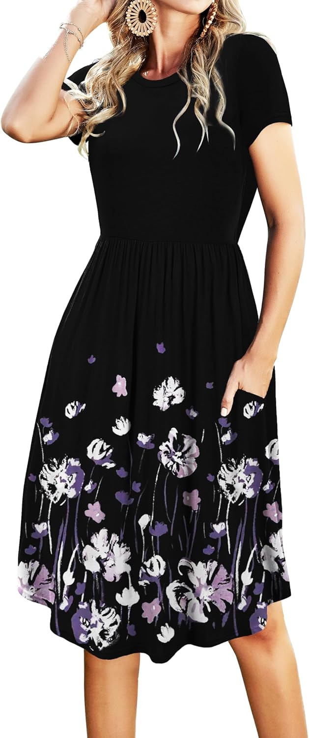 Simier Fariry Womens Summer Pocket Knee Length Teacher Casual Dress Knit Fit Flare Short Sleeve Midi Work Travel Outfits