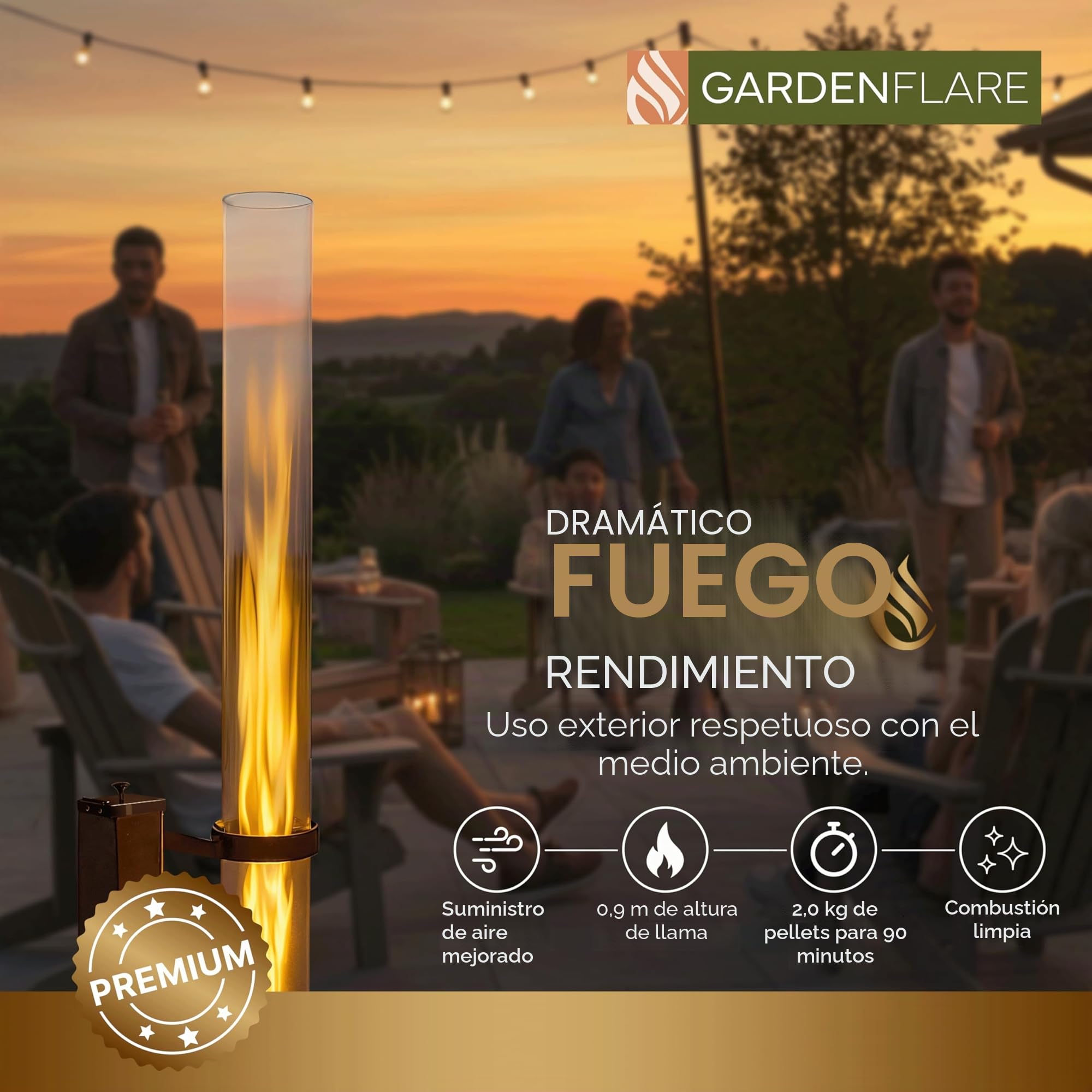 GARDENFLARE Fogón sin humo, tubo de fuego de pellets de madera para exteriores, chimenea de acero inoxidable para ambiente en tu patio, porche y jardín (negro mate, premium)