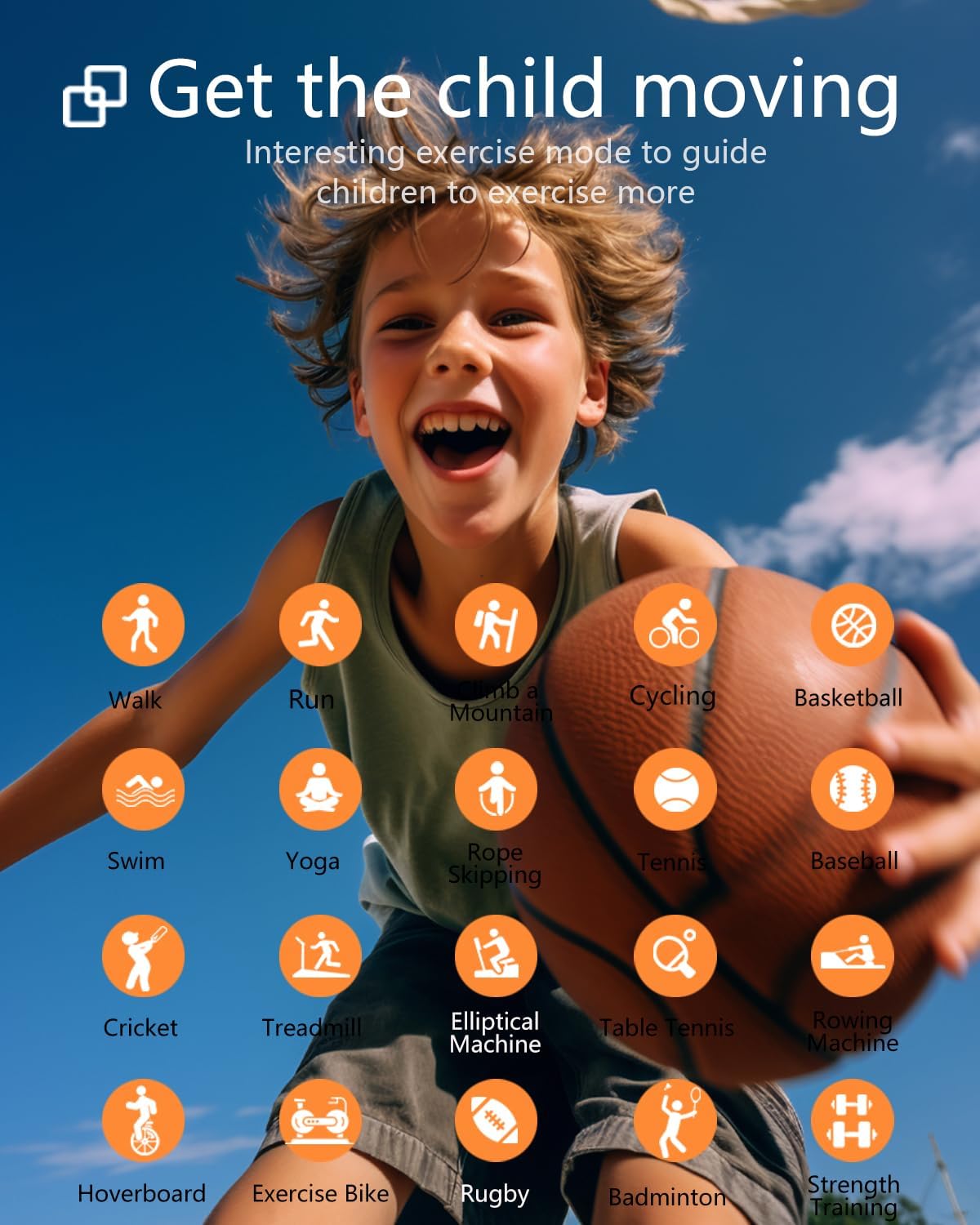 A child playing basketball with the smartwatch visible, illustrating activity tracking.