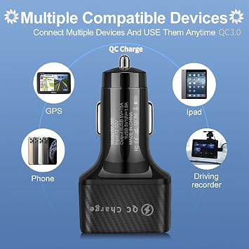 Amiss Car Charger Adapter, 6 USB Multi Port, Fast Charger, Include QC 3.0 and 5 Other Ports, Car Interior Accessories, Fit for iPhone 17/16/15/14/13Pro Max, Samsung, Android (Black 1pc)