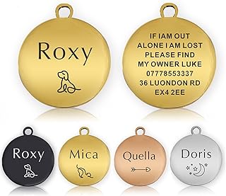 ID Tag Small Large Personalised ID Tag for Pet Dog Doggy Cat Kitten Kitty Puppy Engraved Dog ID Tag (Gold Round)