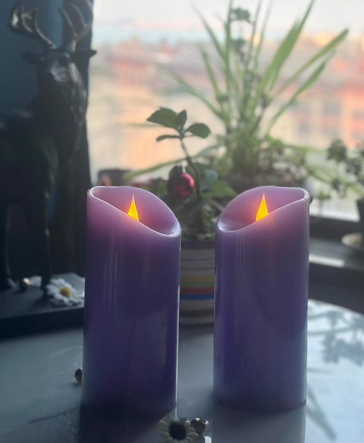 Adoria Large Purple Flameless Candles Remote and Timer Set of 2- Real Wax Pillar Candles with 3D Realistic Flame-Lavender Scented-Dia 3.15x 7 Inch, Flickering,Brightness Control, Home Decor.Camping