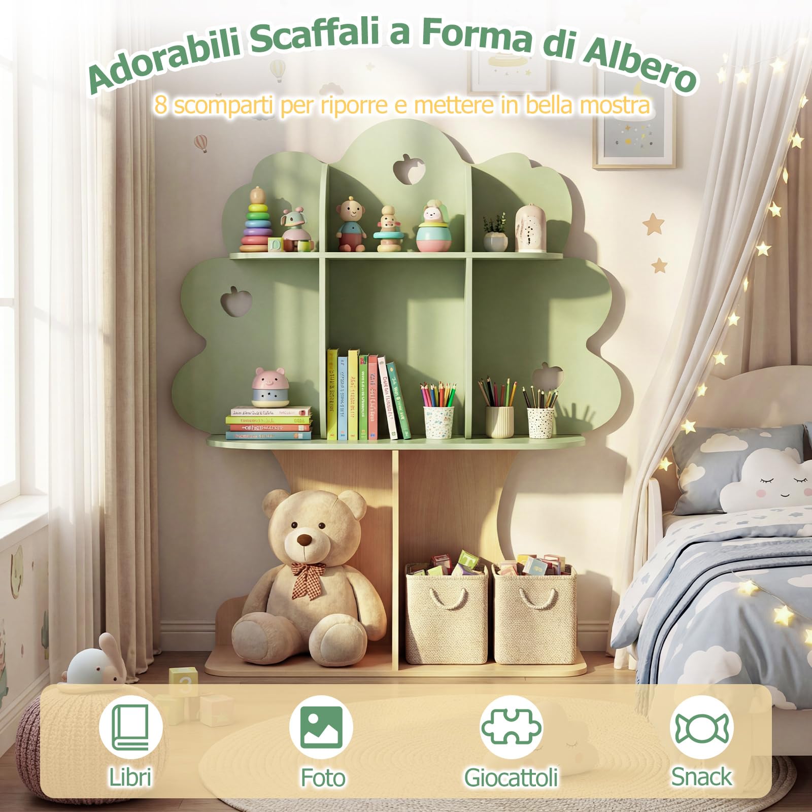 COSTWAY Libreria per Bambini a Forma di Albero, Scaffale per Giocattoli con 8 Scomparti Aperti e 2 Kit Antiribaltamento, Contenitore Salvaspazio per Salotto, Asilo Nido, Studio, 97 x 28 x 114 cm