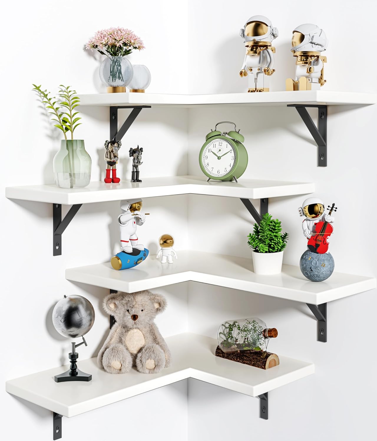 Corner Shelf Wall Mounted, Set of 4, Corner Floating Shelves, Corner Wall Shelf, Corner Hanging Shelf for Living Room, Kitchen and Bedroom (White Gold, 16.3 Inches)