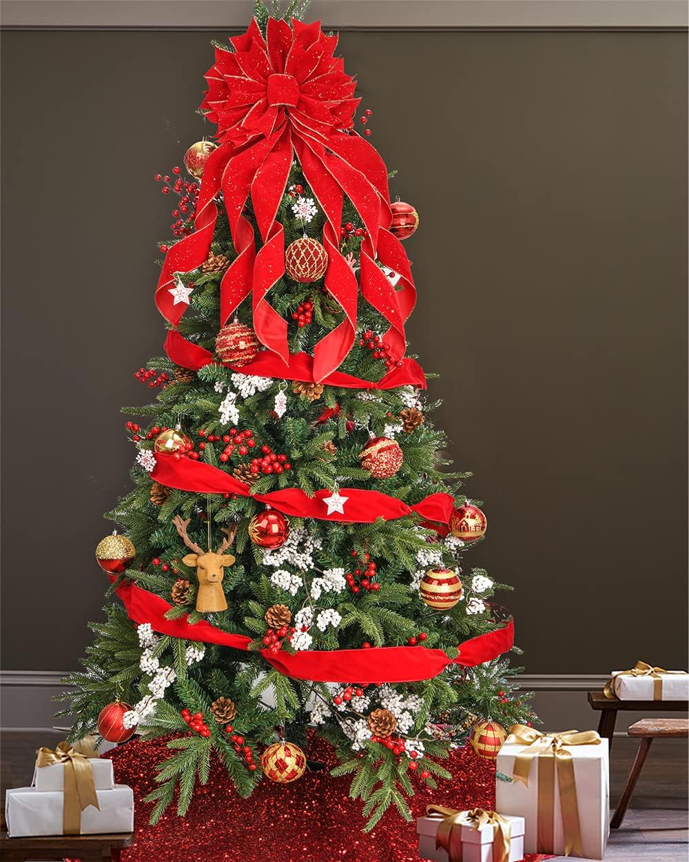 Christmas Tree Topper,33x13 inches Large Toppers Bow with Snowflake Pattern for Christmas Decoration (Red) - Image 4