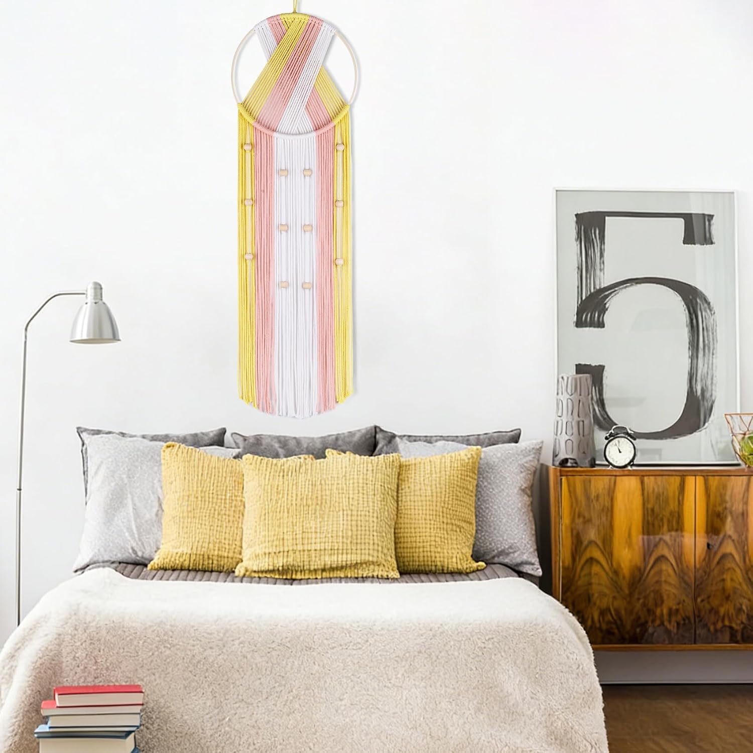 HVEST Yellow and Pink Macrame Wall Hanging Boho Wall Decor Dream Catcher Handmade Woven Tapestry for Bedroom Living Room Office Dining Room Home Nursery Apartment Decor, 31.5L X 9.8W inches image 4