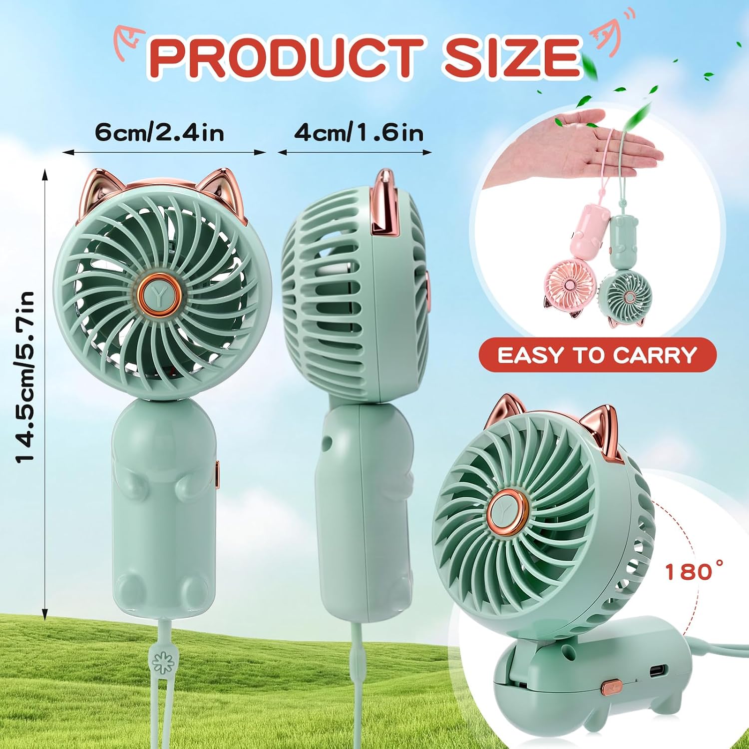Glooglitter 2 Pcs Mini Handheld Fan Cat, Pink, Green image 2