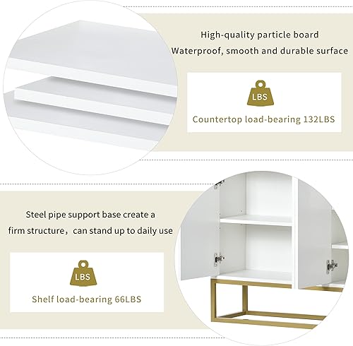 Miniatura 8 de Aparador moderno, elegante gabinete de buffet con patas de metal, estante ajustable, dispositivo de rebote de puerta, mesa consola de madera para