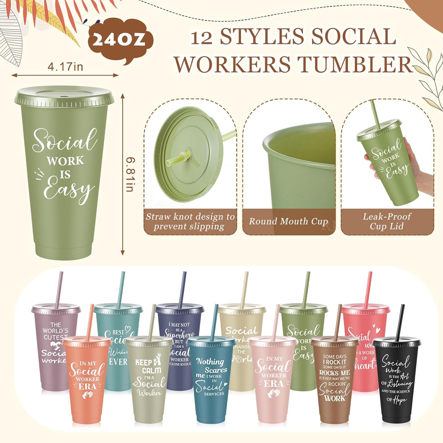 12 Set/48 Pcs Social Worker Appreciation Gifts, Volunteers Thank You Gift, 24oz Plastic Straw Cups Notebooks Ballpoint Pens and Keychains Graduation Gift for Bsw Msw Dsw Lcsw (Morandi)