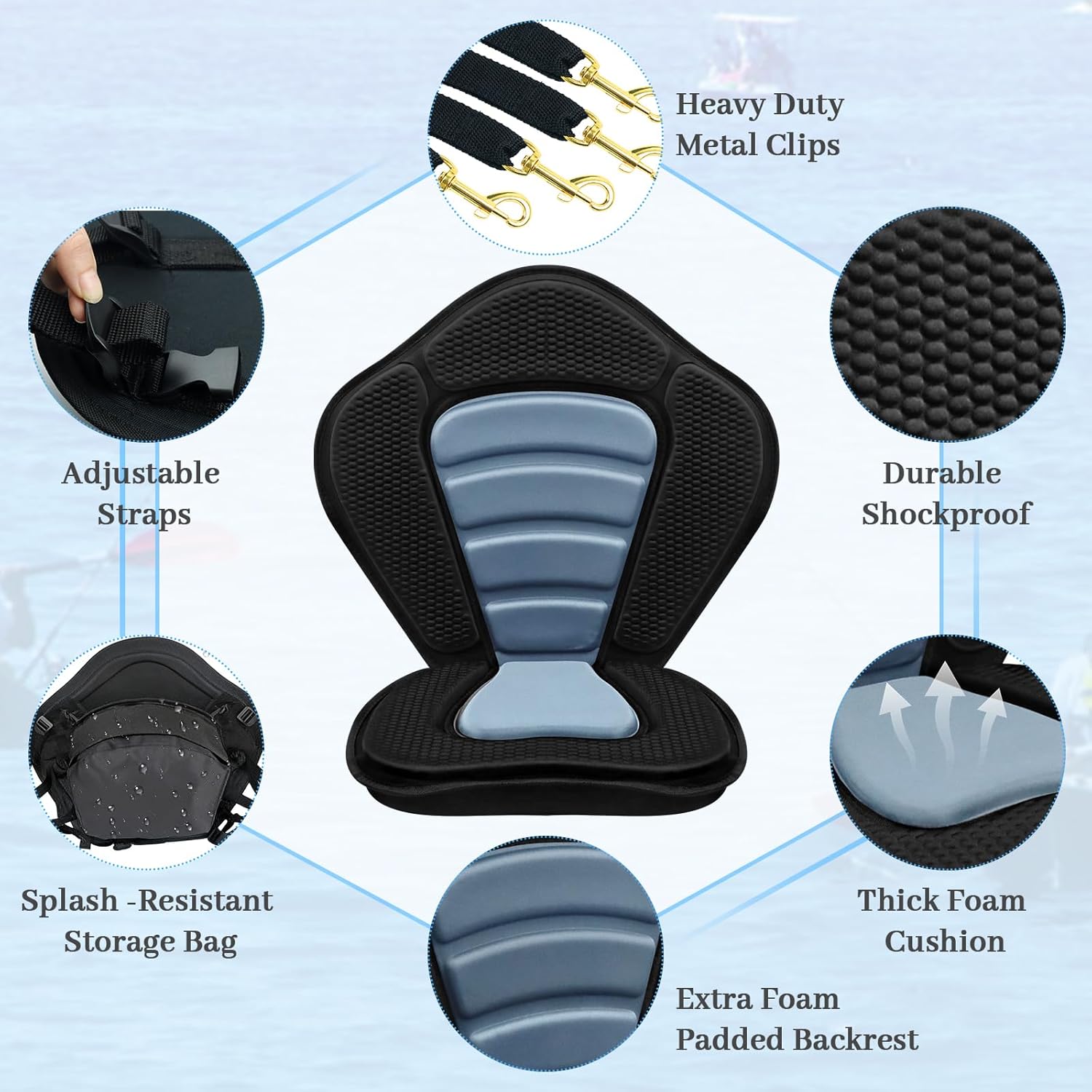 Kayak Seat Deluxe Padded Fishing Boat Seat Deluxe Sit-On-Top Canoe Seat Cushioned - Comfortable Backrest Support Universal Sit with Adjustable Back Strap Detachable Storage Bag