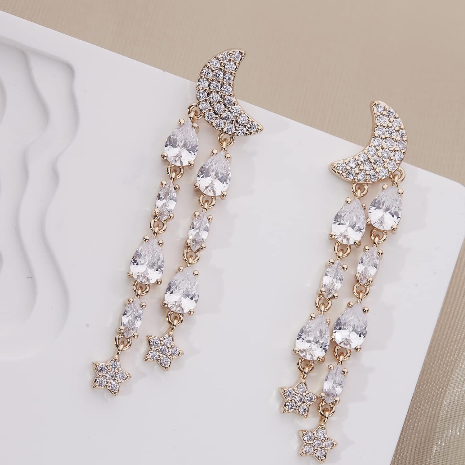 Crystal Teardrop Dangle Tassel Earrings for Women Wedding Earrings for Brides,Fancy Purple Green Cubic Zirconia Rhinestone Dangling Moon and Star Earrings for Prom Party - Image 5