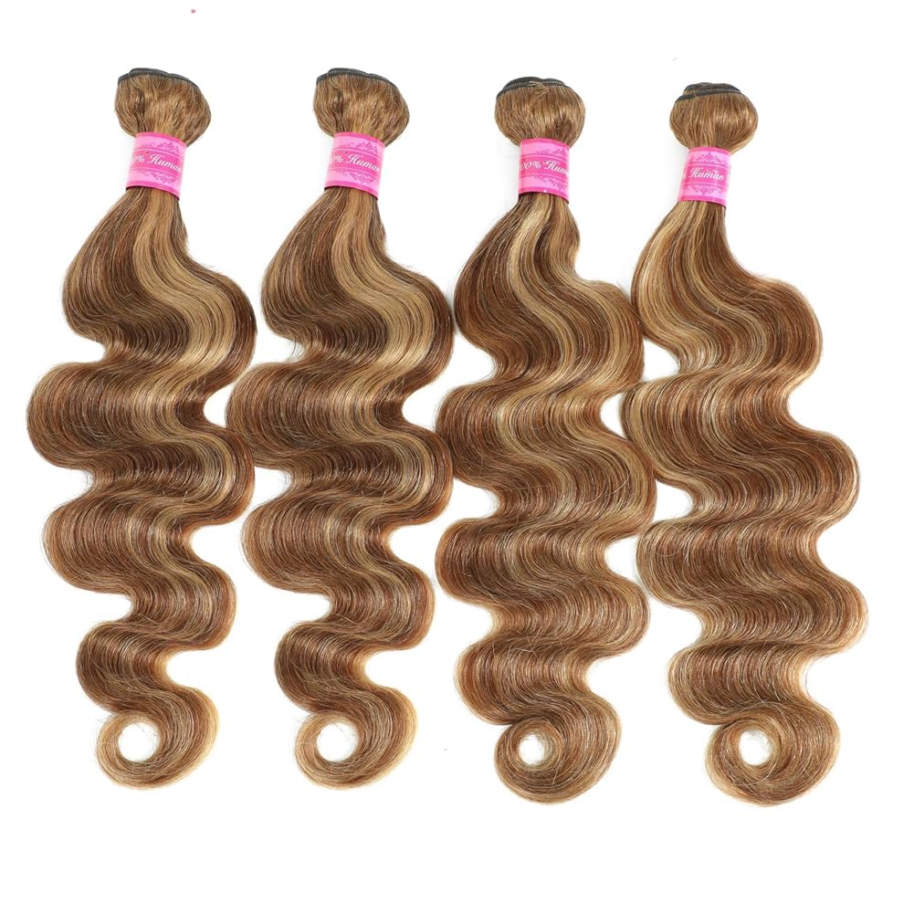 4/27 Human Hair Bundles Ombre Highlight Body Wave 3 Bundles (16 18 20 22 inch)12A Honey Blonde Wet And Wavy Human Hair Double Weft No Smell No Tangle