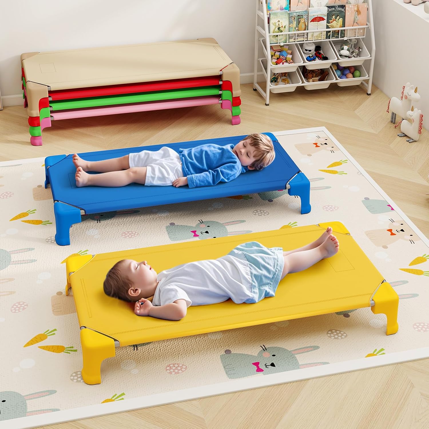 Giantex Stackable Daycare Cots for Sleeping, 53" L x 24" W Portable Nap Cots for Kids and Toddlers w/Easy Lift Corners, Space-Saving Toddler Bed for Preschool Classroom Pet Daycare, Pack of 6, Multi