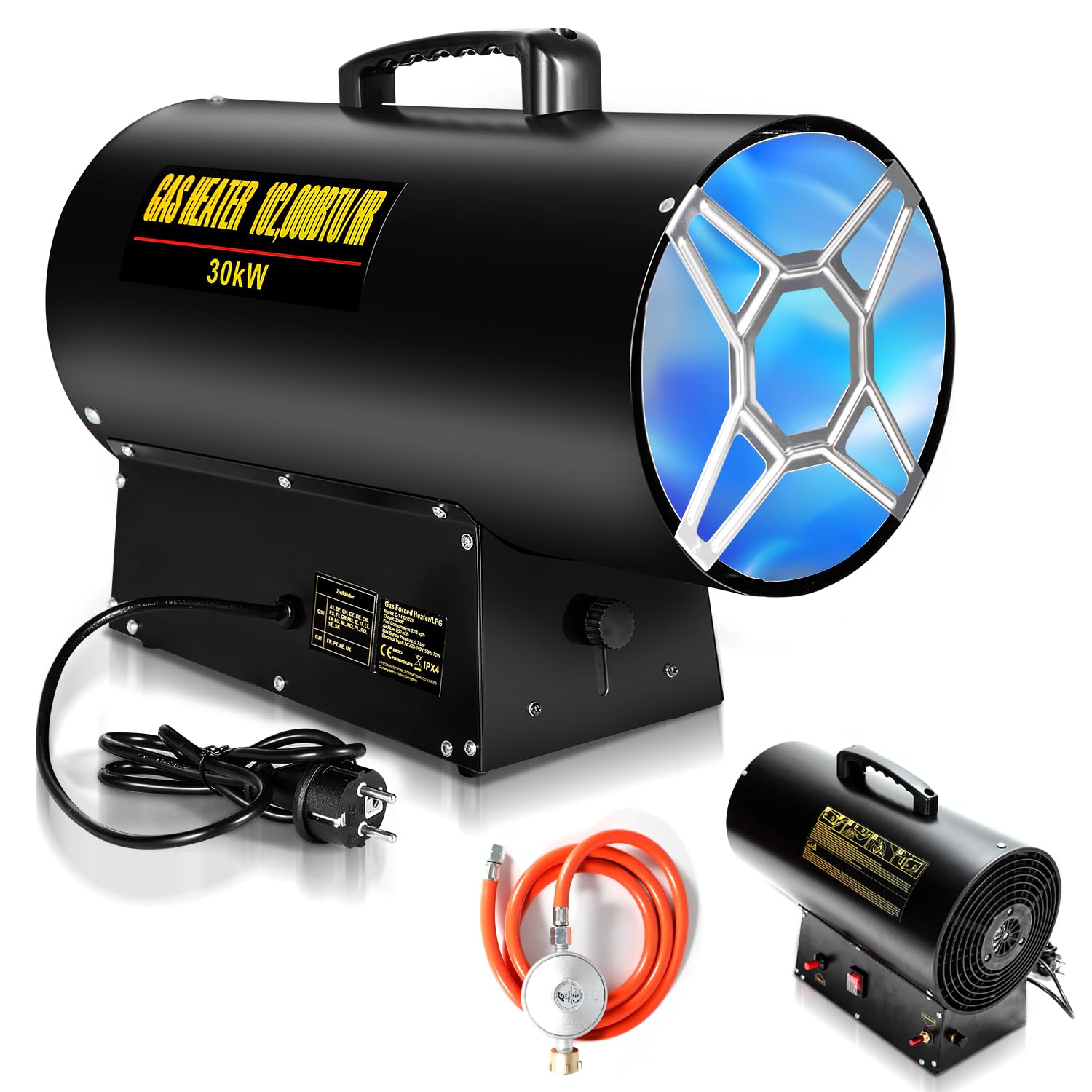 Ikodm Chauffage à gaz pour intérieur 30 kW 220 V Chauffage à gaz soufflant au gaz propane 650 m³/h Débit d'air avec tuyau de gaz de 1,2 m et soupape de réduction de pression 700 mbar