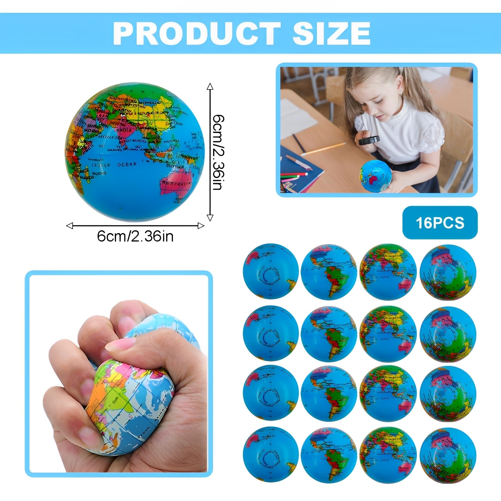 16 Piezas Pelota Antiestrés Mundo, Bolas Antiestrés, Pelota Antiestrés Mano, Pelota Mundo, Pelotas Antiestrés Pequeñas, Juguetes para Apretar para Niños Y Adultos para Aliviar el Estrés — view 2