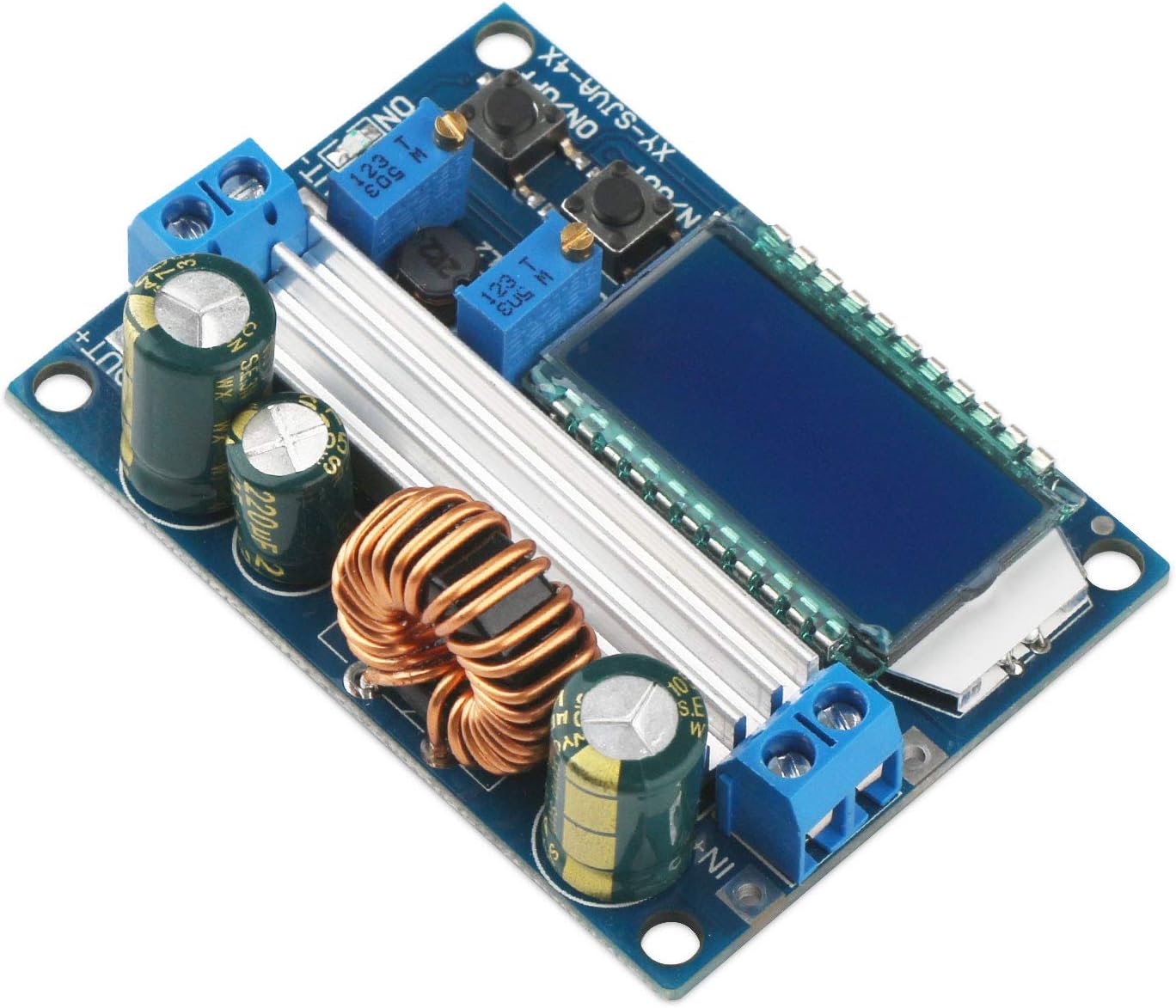 Angle posterior view of the DROK buck-boost converter module, showing the input and output terminals.
