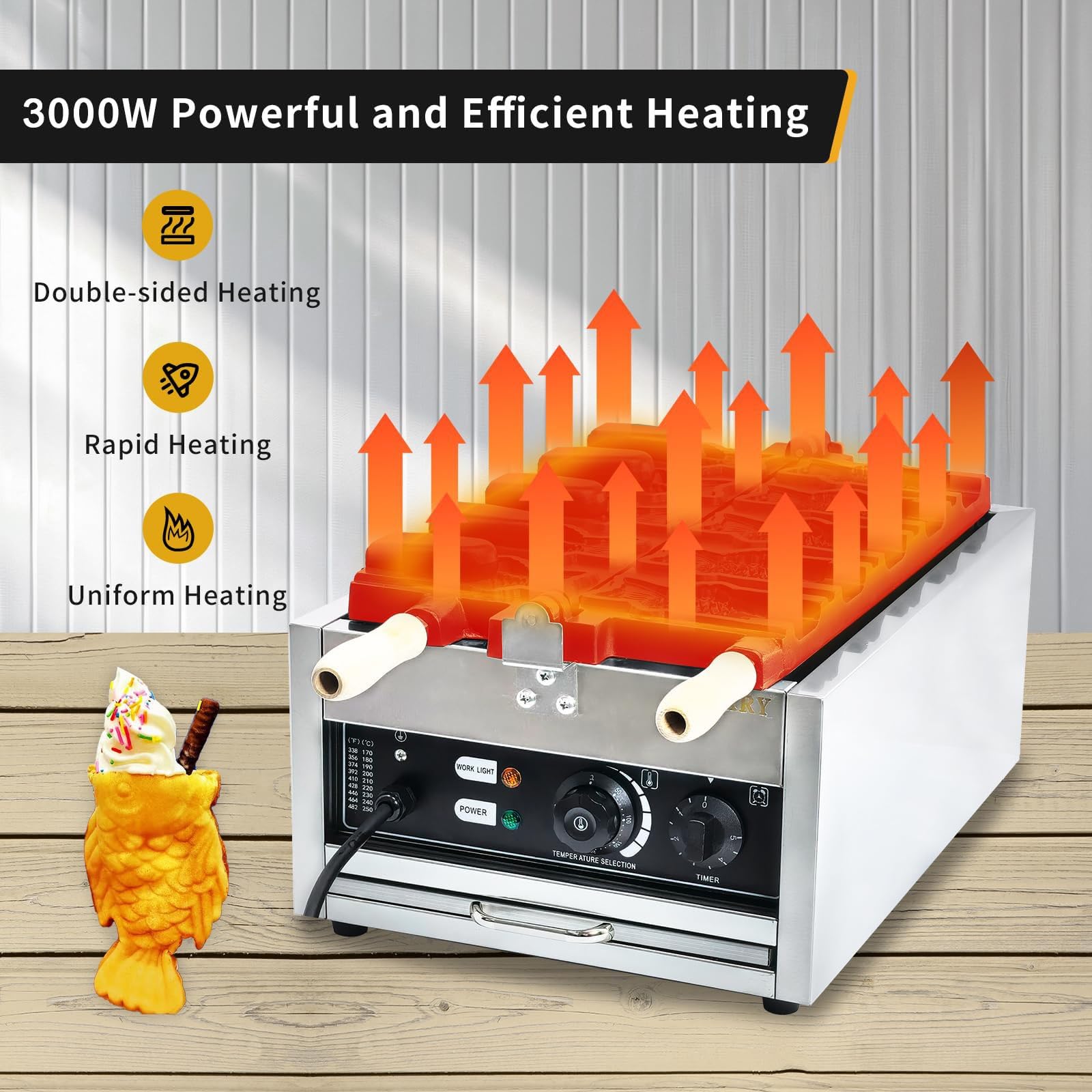 Maszyna Taiyaki o mocy 3000 W, gofrownica rybna z 5otwartymi ustami, konstrukcja ze stali nierdzewnej, z zakresem temperatury i kontrolą czasu, do użytku w domu i restauracji