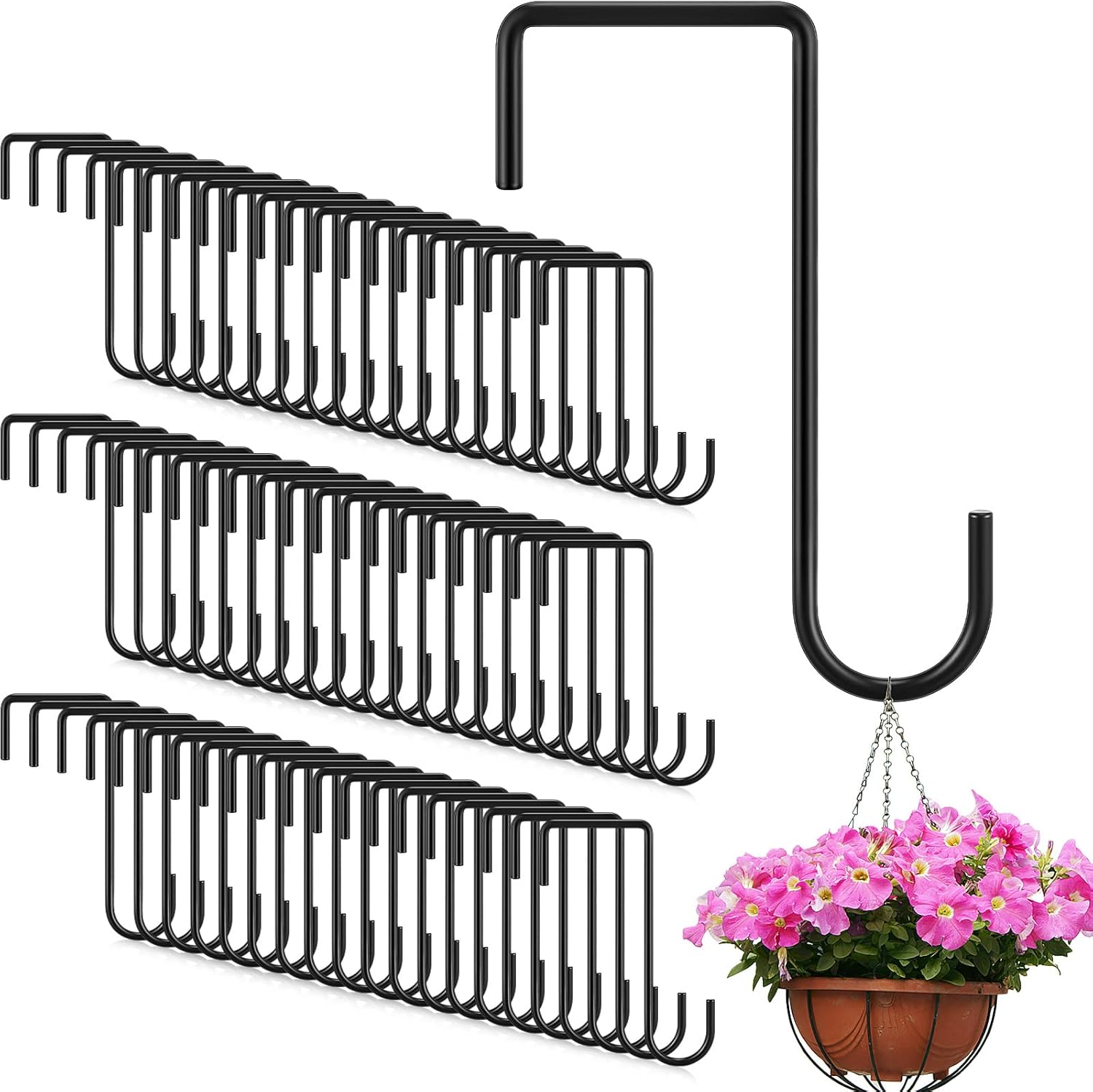 LEIFIDE 60 Pcs Black Vinyl Fence Hooks 2 x 6 Inch Patio Hangers Hanging Powder Coated Steel Fence Hooks Lattice Shepherds Hook Stick Plant Baskets for Indoor Outdoor Lights Bird Feeder Pool Equipment