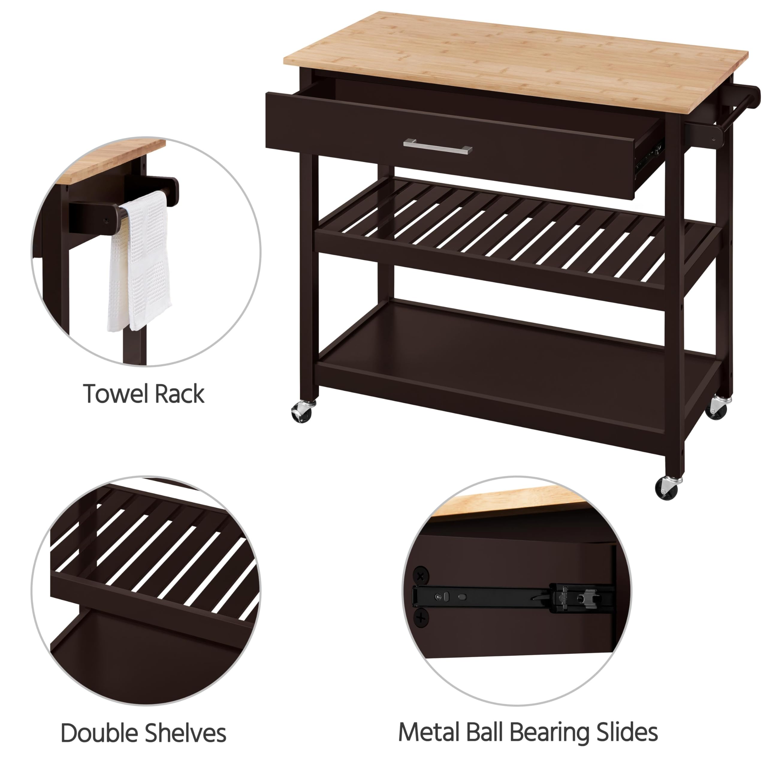 Yaheetech Carrello da Cucina a 3 Ripiani con Ruote Credenza Salvaspazio per Microonde con Cassetto per Cucina Dipensa o Bar 101,5 x 51 x 92 cm Marrone Scuro