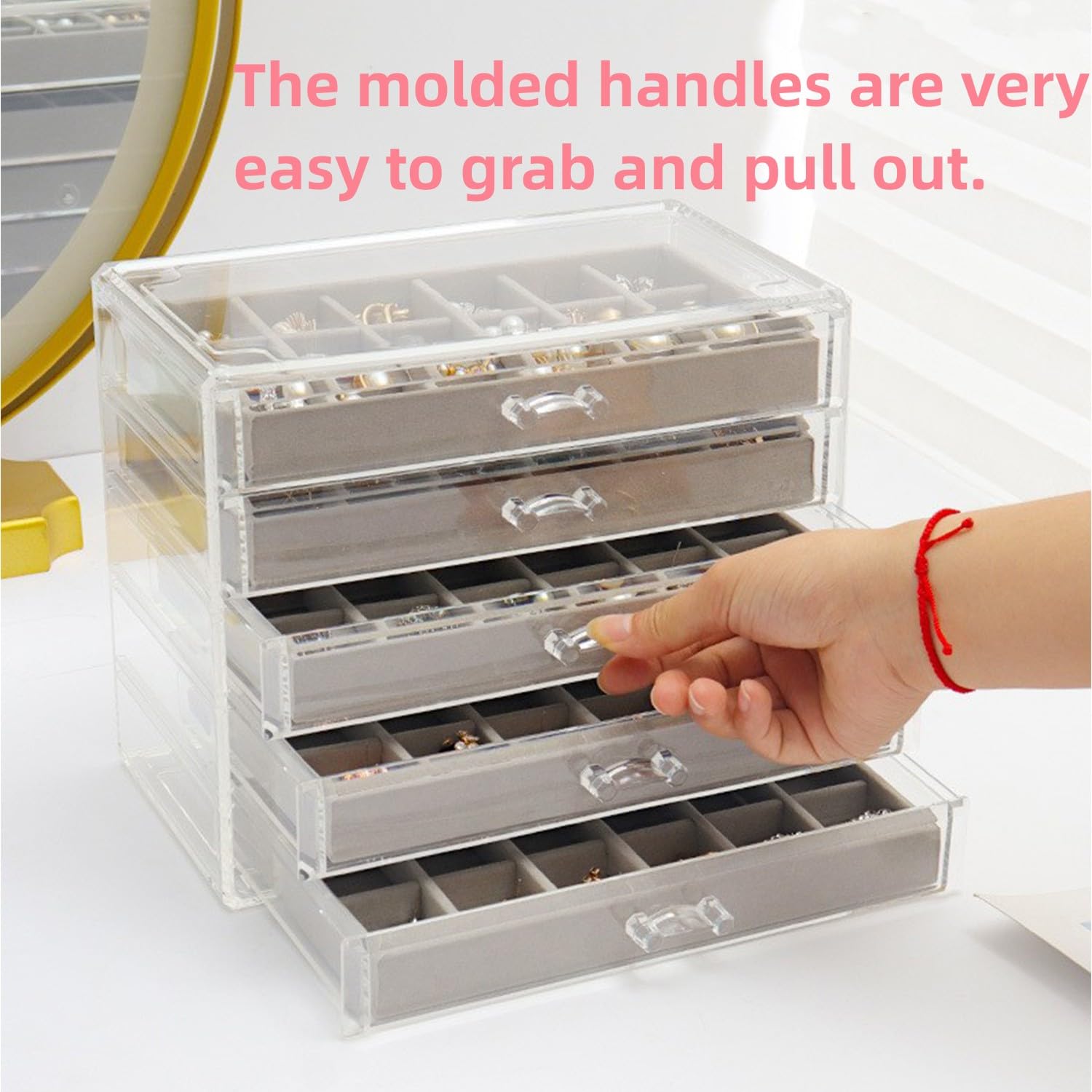 Rangement Bijoux Miroir Boîte à Bijoux 5 Niveaux Avec 6 Tiroirs - Organisation Rangement Colliers, Bagues, Beige Boîte à Bijoux Grande Capacité Avec Miroir