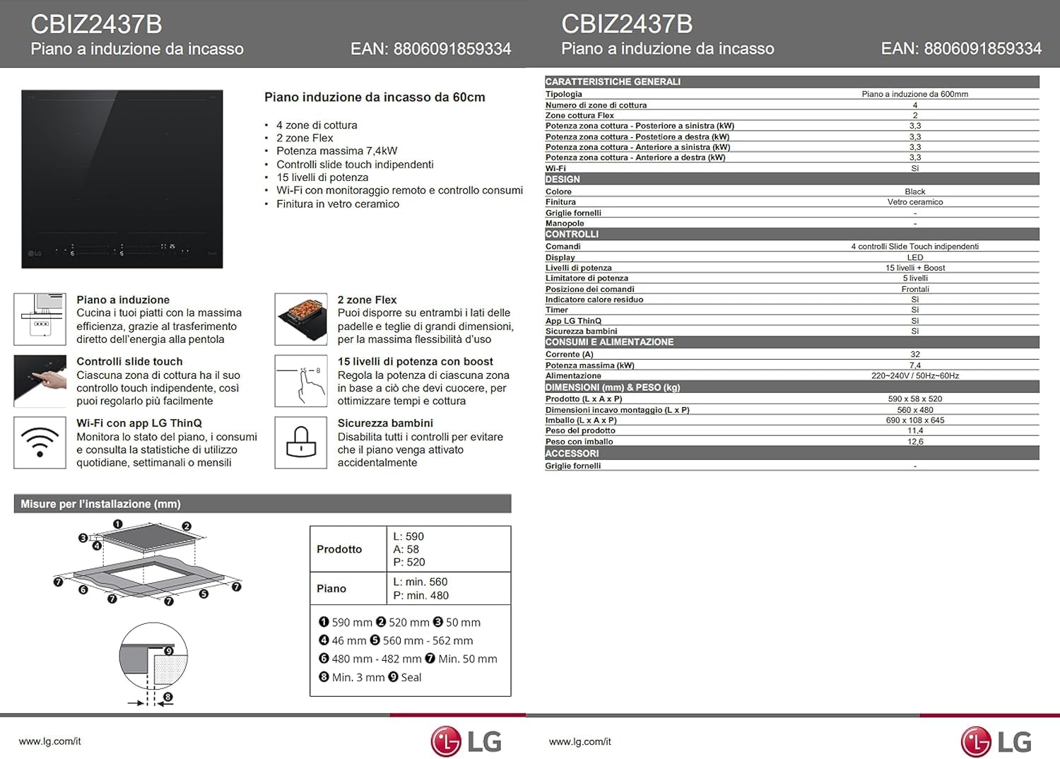 LG CBIZ2437B Piano Cottura Induzione 60cm, Potenza da 2,5 a 7,4kW, 4 Zone Totali, 2 Zone Flex, 15 Livelli di Potenza + Boost, Controlli Touch Slide Indipendenti, Wi-Fi, Vetro Ceramico SCHOTT, Nero