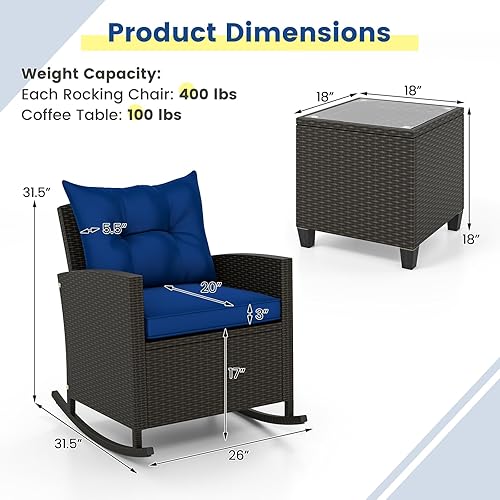 Miniatura 6 de KOTEK Juego de 3 piezas de muebles de patio, mecedoras de mimbre para exteriores y mesa de cristal, juego de conversación de ratán PE para porche,