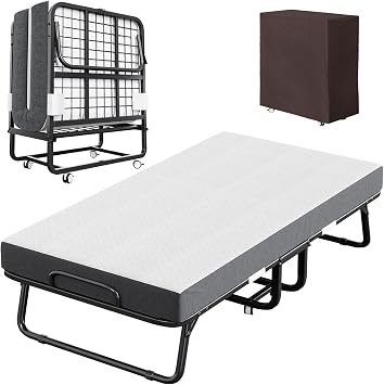 CAIYUN Folding Bed with Mattress and Storage Cover - 75"x38" Twin Size Frame, Portable Rollaway Guest Bed with 5-inch Memory Foam Mattress, Space-Saving Foldable Design for Easy Storage
