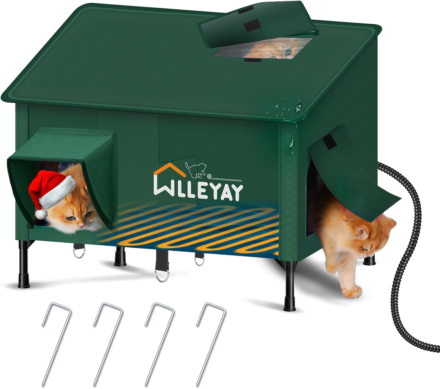 Extra Large Size Heated Cat House for Outside Winter,Weatherproof Outdoor Cat Shelter with Safe Escape Door and Roof Window, Insulated & Elevated Warm Cat Shelter for Feral Cat Multiple Stray Kitty