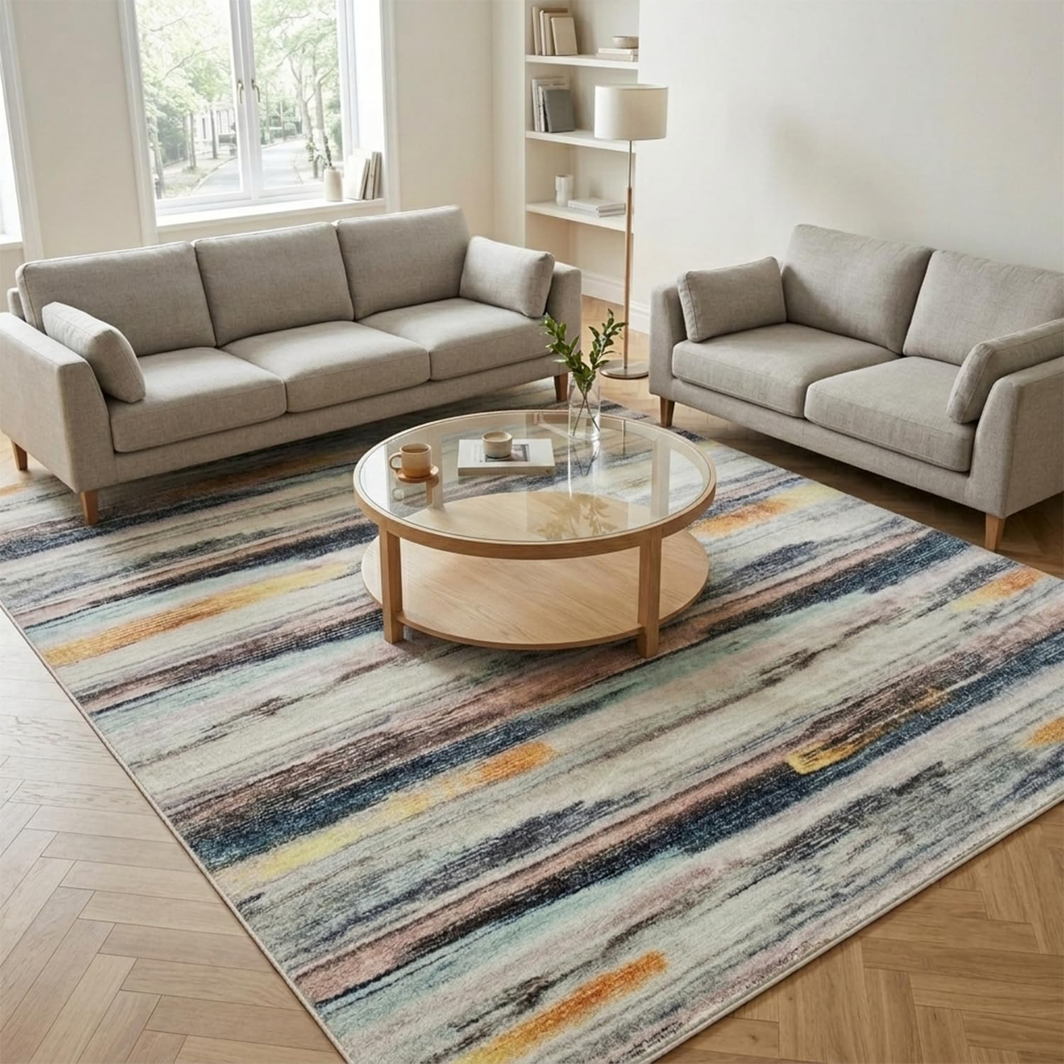 Teppich Wohnzimmer Schlafzimmer Kurzflor Moderner Teppich Weich rutschfest Streifenmuster Abstrakt Teppiche Groß (Mehrfarbig, 200 x 250 cm)