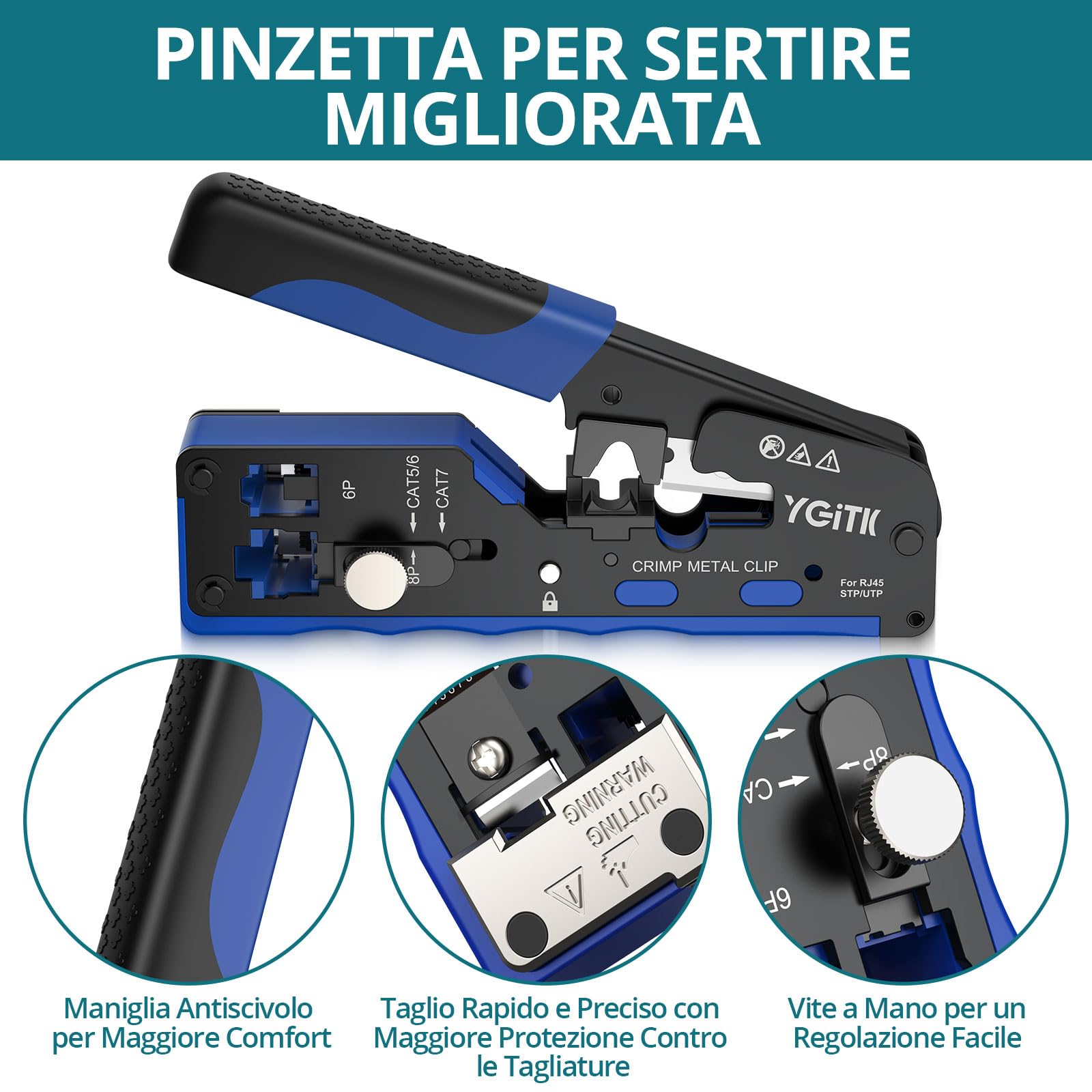 Pinza Crimpatrice RJ45 CAT7 Professionale con 50 Connettori Schermati, Testatore Ricaricabile e Design Foro Passante - Kit Completo per Cavi Ethernet 10Gbps, Scatola Portatile Inclusa