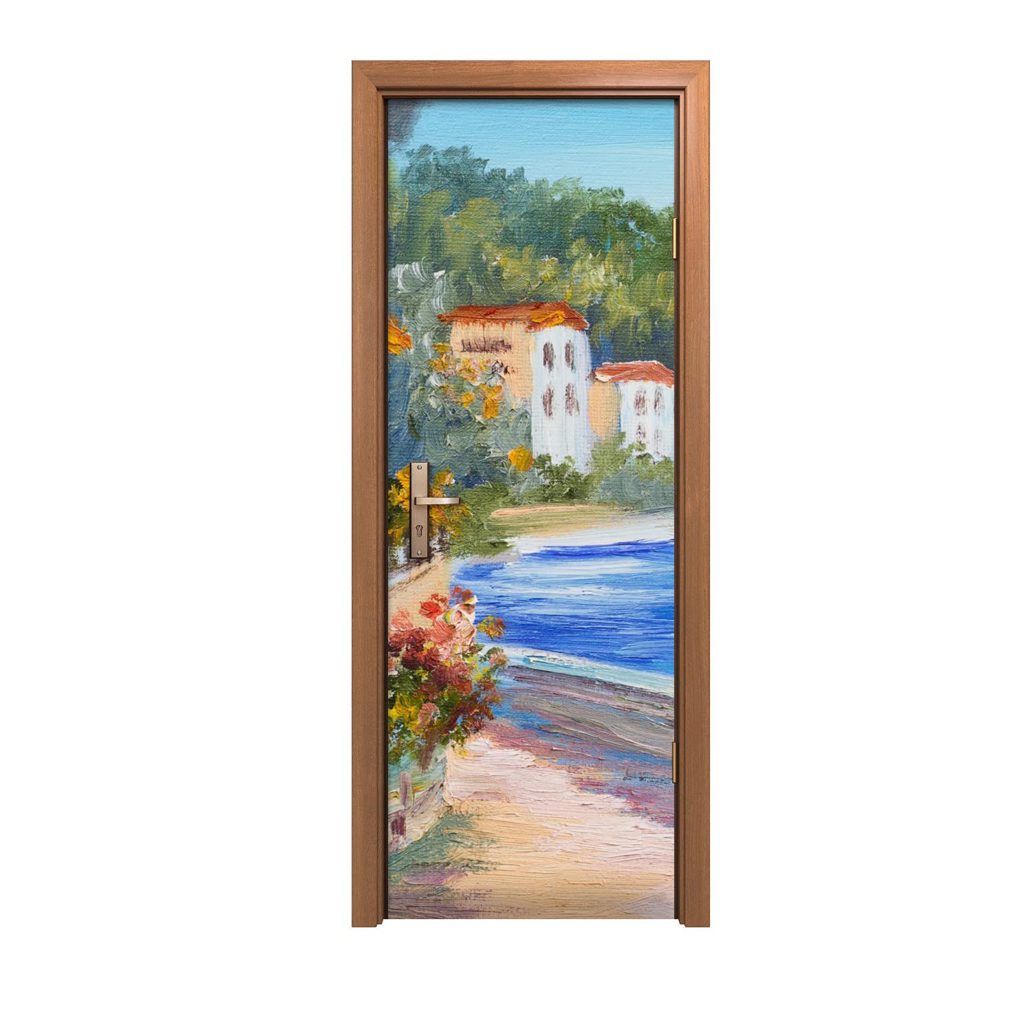 Autocollant de porte trompe l'oeil 70x200 décoration murale adhésive mer et fleurs