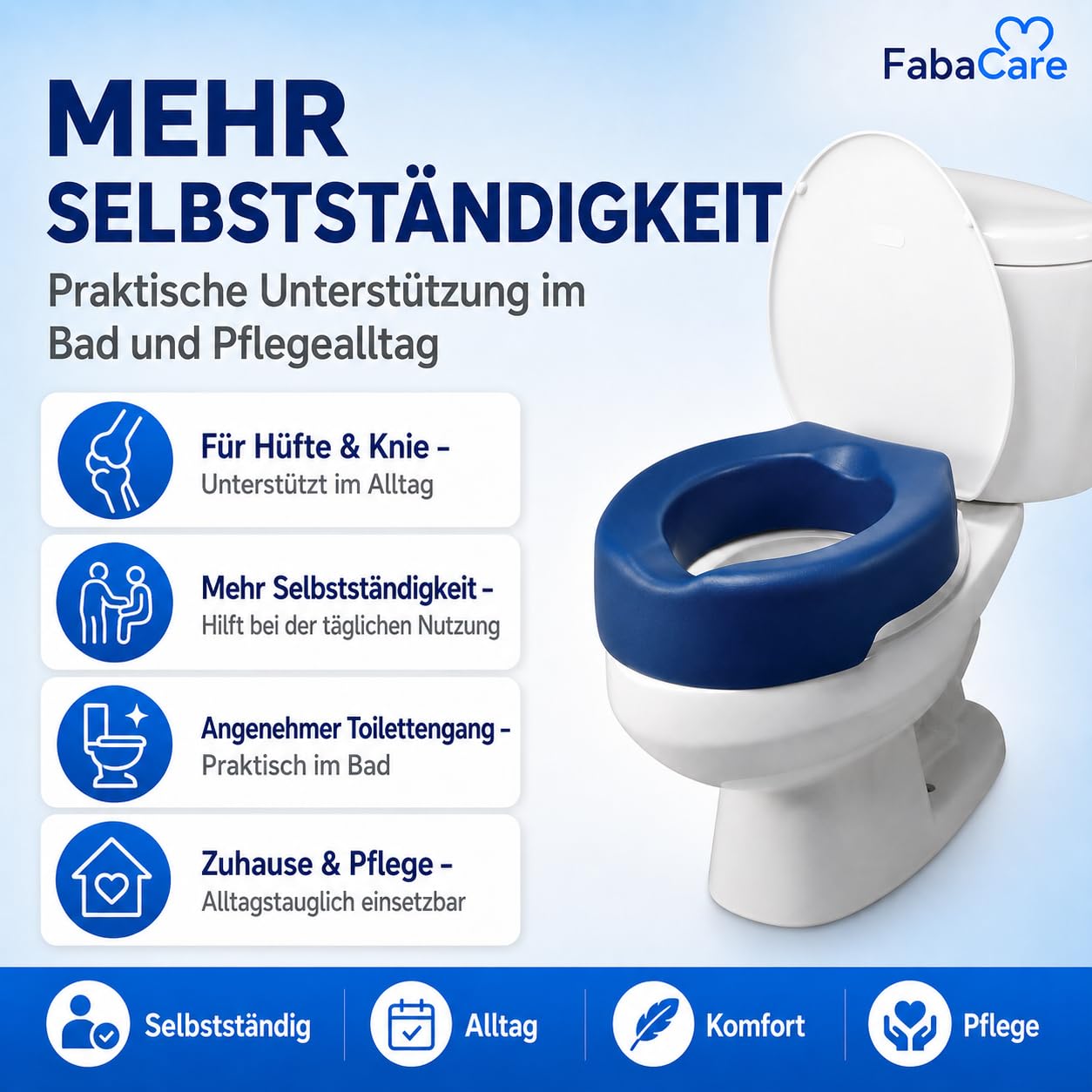 FabaCare Toilettensitzerhöhung Conti Soft, weicher Toilettenaufsatz, WC-Sitz blau, bis 100 kg, Höhe 10 cm