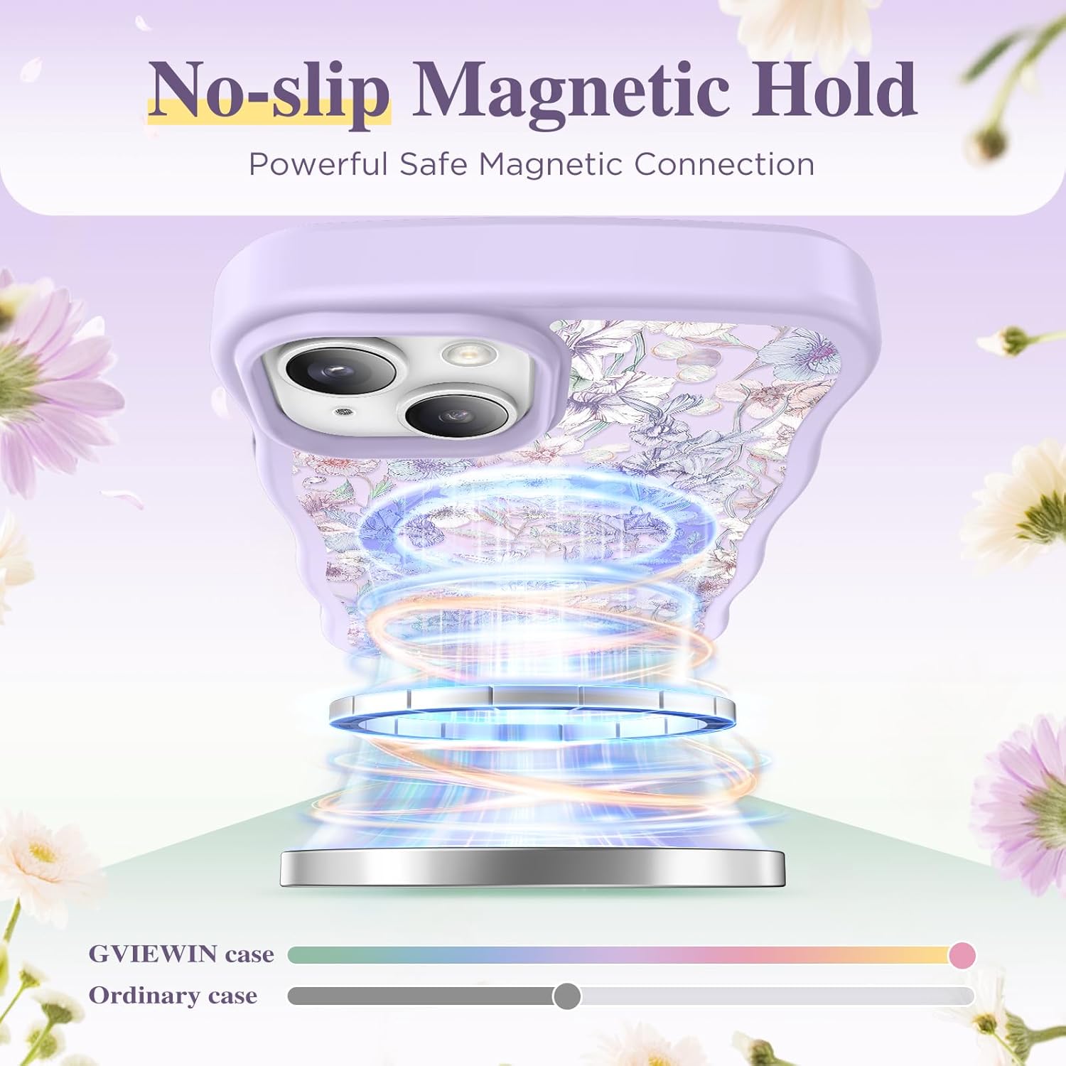 GVIEWIN Cute for iPhone 14 Case & iPhone 13 Case [Compatible with MagSafe] [Curly Wave Edge]Floral Translucent Magnetic Shockproof Protective Phone Cover for iPhone 14/13 6.1'', Apricot Blossom/Purple
