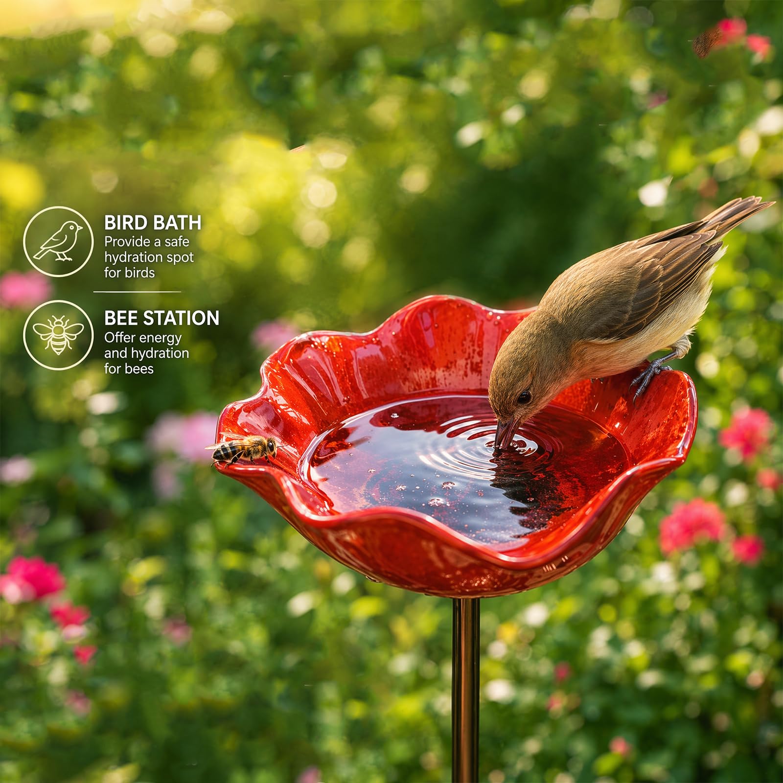 3 Stück Metall Vogeltränke, Blumenform Bienentränke, Gartenstecker Bunt, Vogeltränke Winterfest für Rasen, Beet und Terrasse, Insektentränke für Bienen und Schmetterlinge, Rot, Blau, Orange