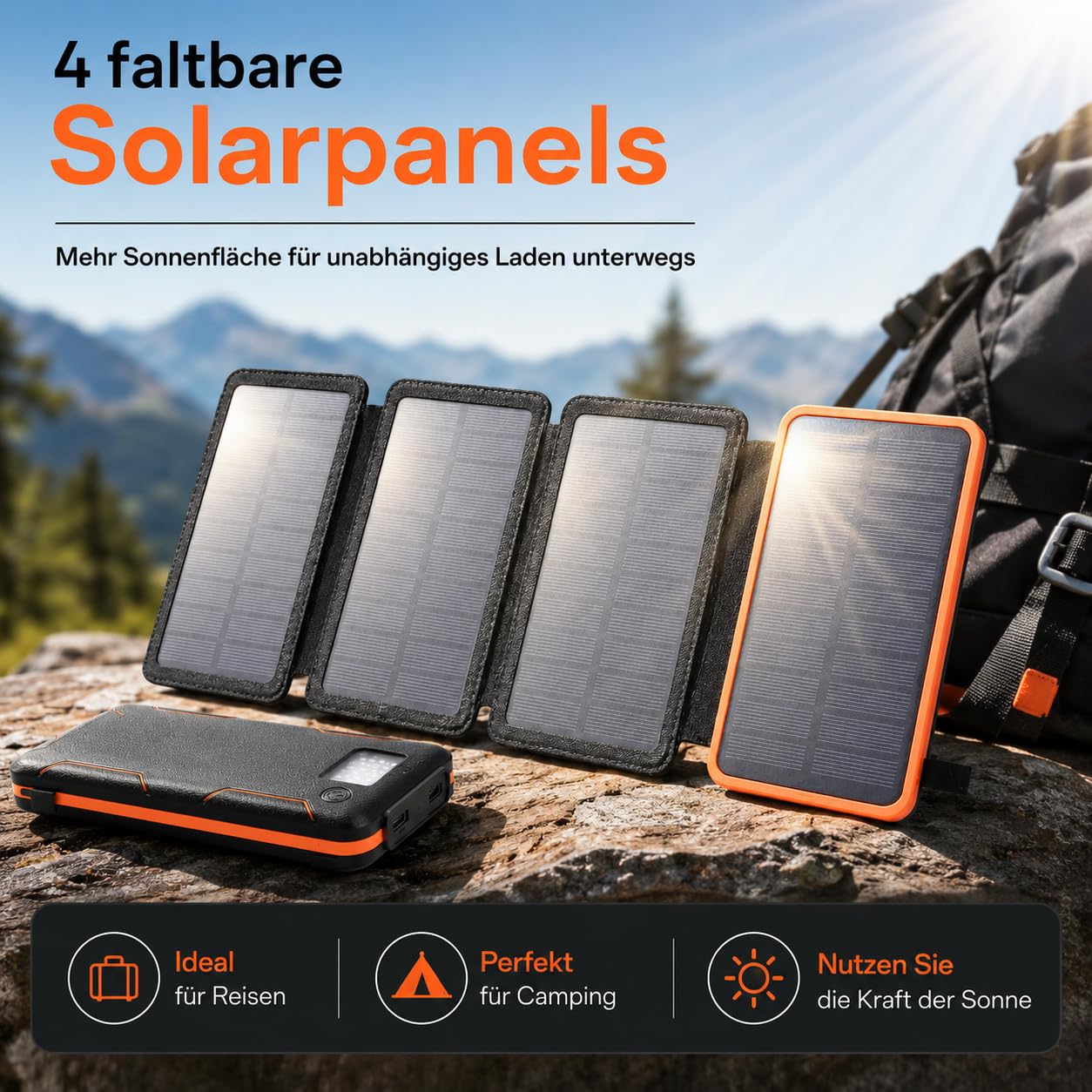 Solar Powerbank 36.800mAh, 4 Solarpanels, 15W Schnellladen, USB-C & QC 3.0, LED-Taschenlampe, Outdoor Ladegerät für Smartphone, Tablet, Camping & Reisen.