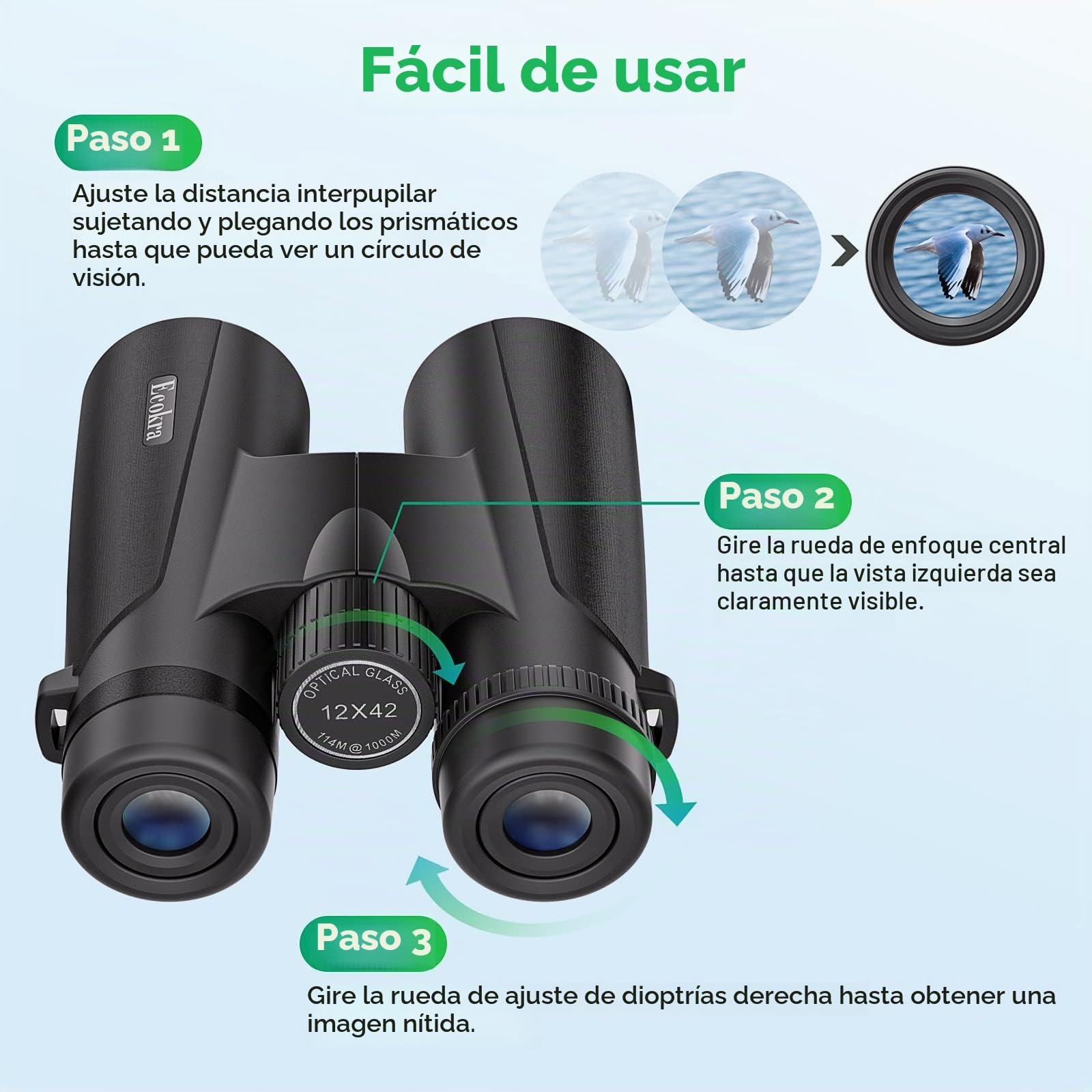 Prismáticos HD de 12x42 pulgadas para adultos y niños, prismáticos súper brillantes de alta potencia con gran vista, visión nocturna clara con poca luz, observación de aves, observación de estrellas