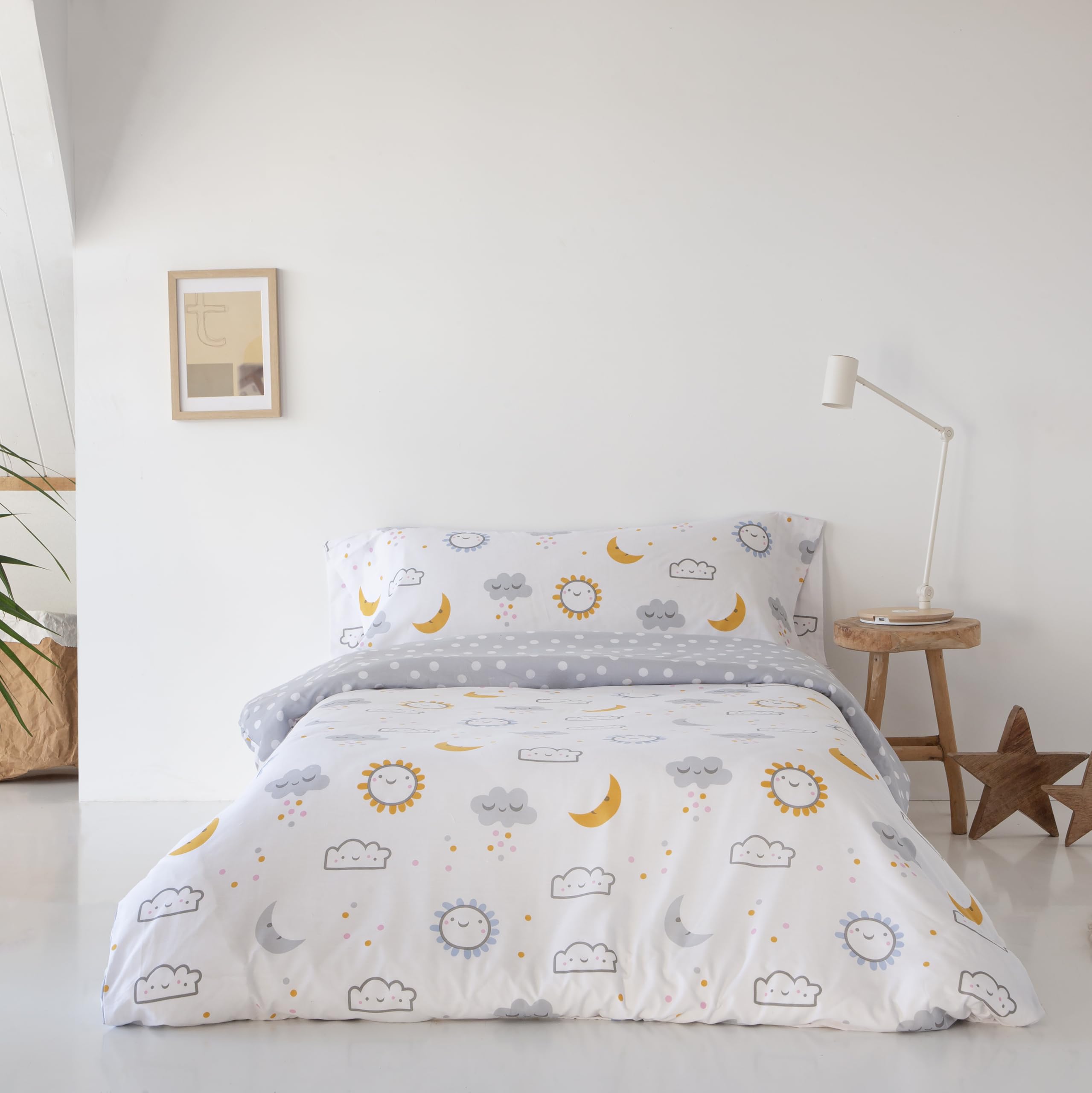 COTTON ARTean Funda nordica Infantil/Juvenil 50% ALGODÓN - 50% POLIÉSTER Diver Gris Y Mostaza Reversible Cama de 90 Incluye Funda nórdica 150x220 + 1 Funda de Almohada Cierre con Botones