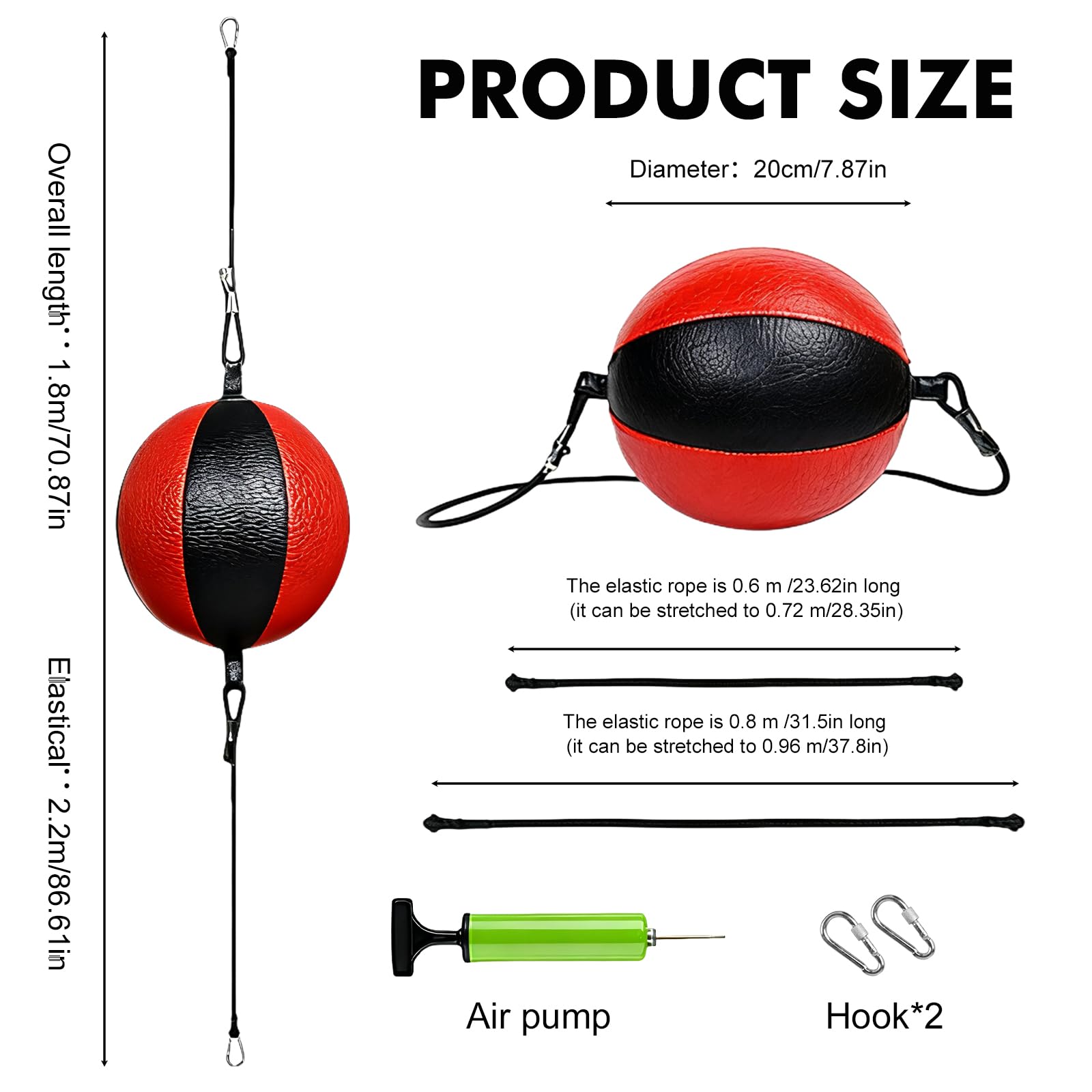 Ensemble de balles de boxe à double extrémité pour la boxe et l'entraînement MMA, avec pompe et fermetures de sécurité, noir et rouge, diamètre 20 cm, appareil d'entraînement réflexe pour la