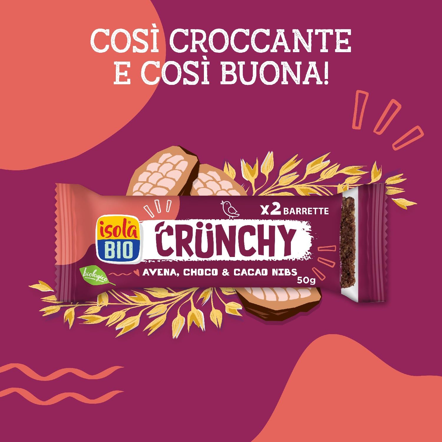 ISOLA BIO Barrette con Avena Integrale, Cioccolato e Granella di Cacao Bio, Crunchy, Fonte di Fibre, Vegan, 12 Confezioni da 50g (2 Snack per Confezione, Totale 24 Barrette)