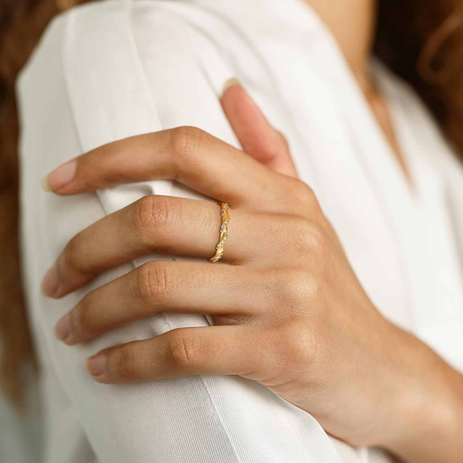 Gold Rings for Women, 14K Gold Plated Cubic Zircon Twisted Rope Eternity Rings Wedding Bands Jewelry Gifts for Women