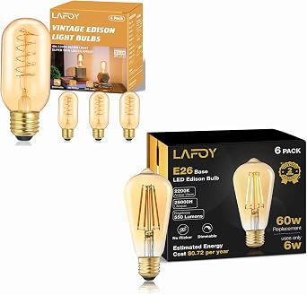 Amber Vintage LED Edison Bulb Bundle Soft Warm 2200K ST58 60W Dimmable E26 Base Retro Style 6 Pack Teardrop Antique Light Bulbs and T45 25W 4 Pack