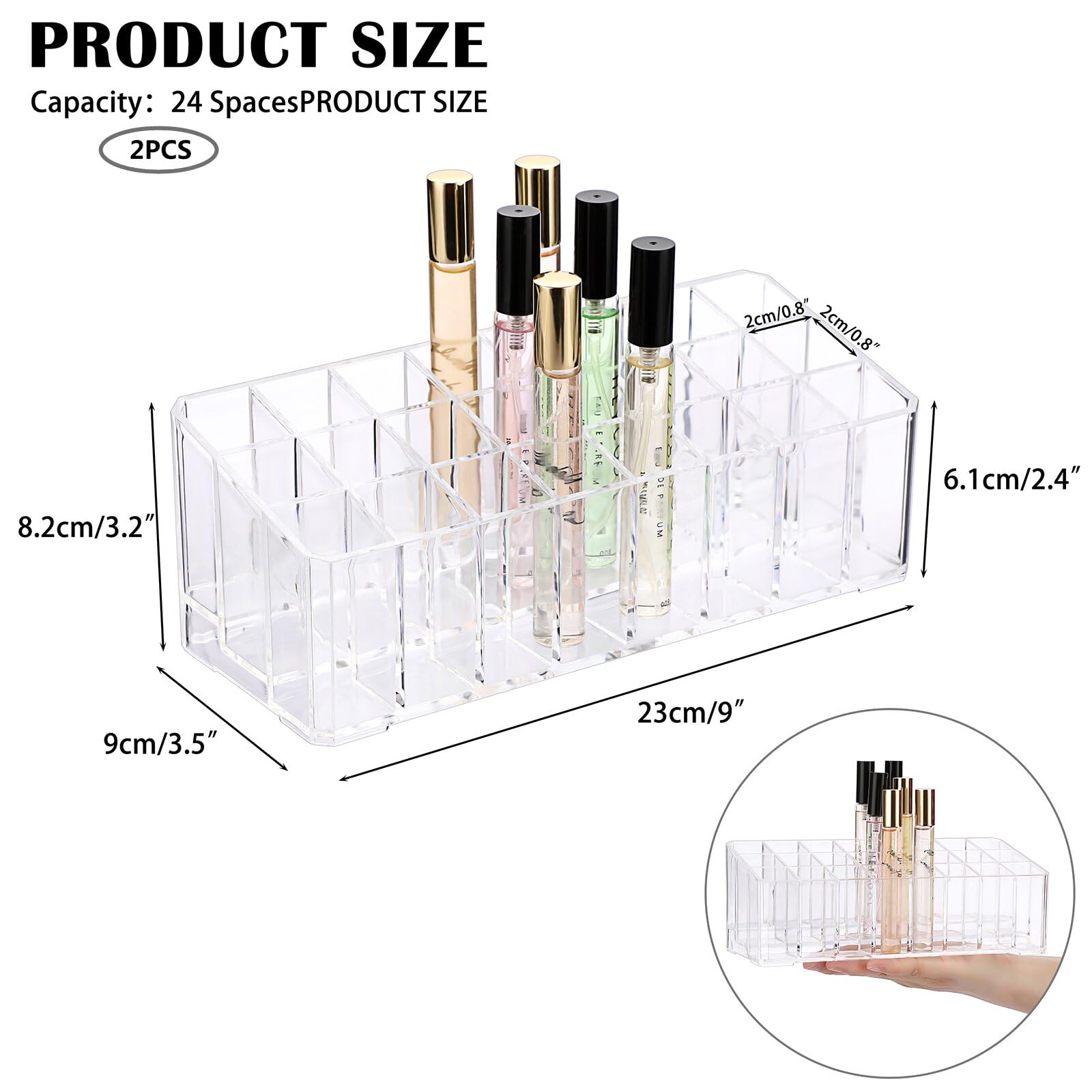 ELLDOO 2 Pack Rollerball Perfume Organizer, 24 Spaces Clear Acrylic Perfume Storage Holder Beauty Scent Holder, Makeup Lipgloss Lipstick Display Case