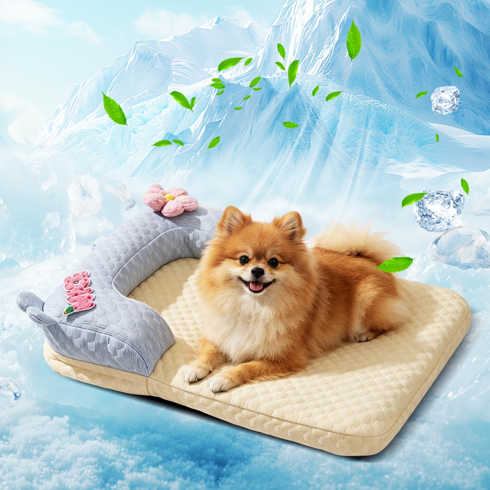 PETCUTE Dog Cooling Bed Washable,Orthopedic Cooling Mat for Dogs Cats,Summer Pet Bed with Removable Cover,Pet Cool Mat Bed Pad with Pillow,Scratch-Resistant,for Small Medium Large Dogs,L